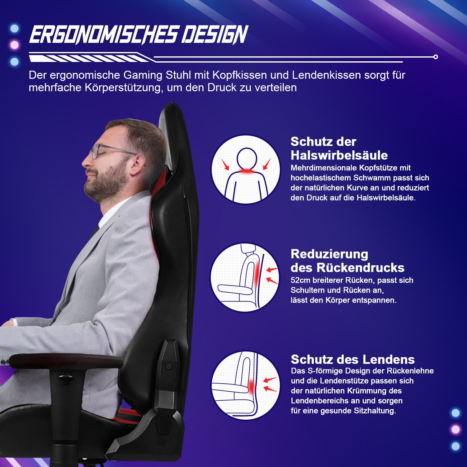 Hiazurm Gaming-Stuhl Gaming Stuhl, Bürostuhl Ergonomisch, Gaming Chair (Ergonomischer Gamer Stuhl mit Wippfunktion, bis 150 kg Belastbarkeit), Gaming Stuhl Bürostuhl mit Verstellbare Armlehnen, Kopfstütze