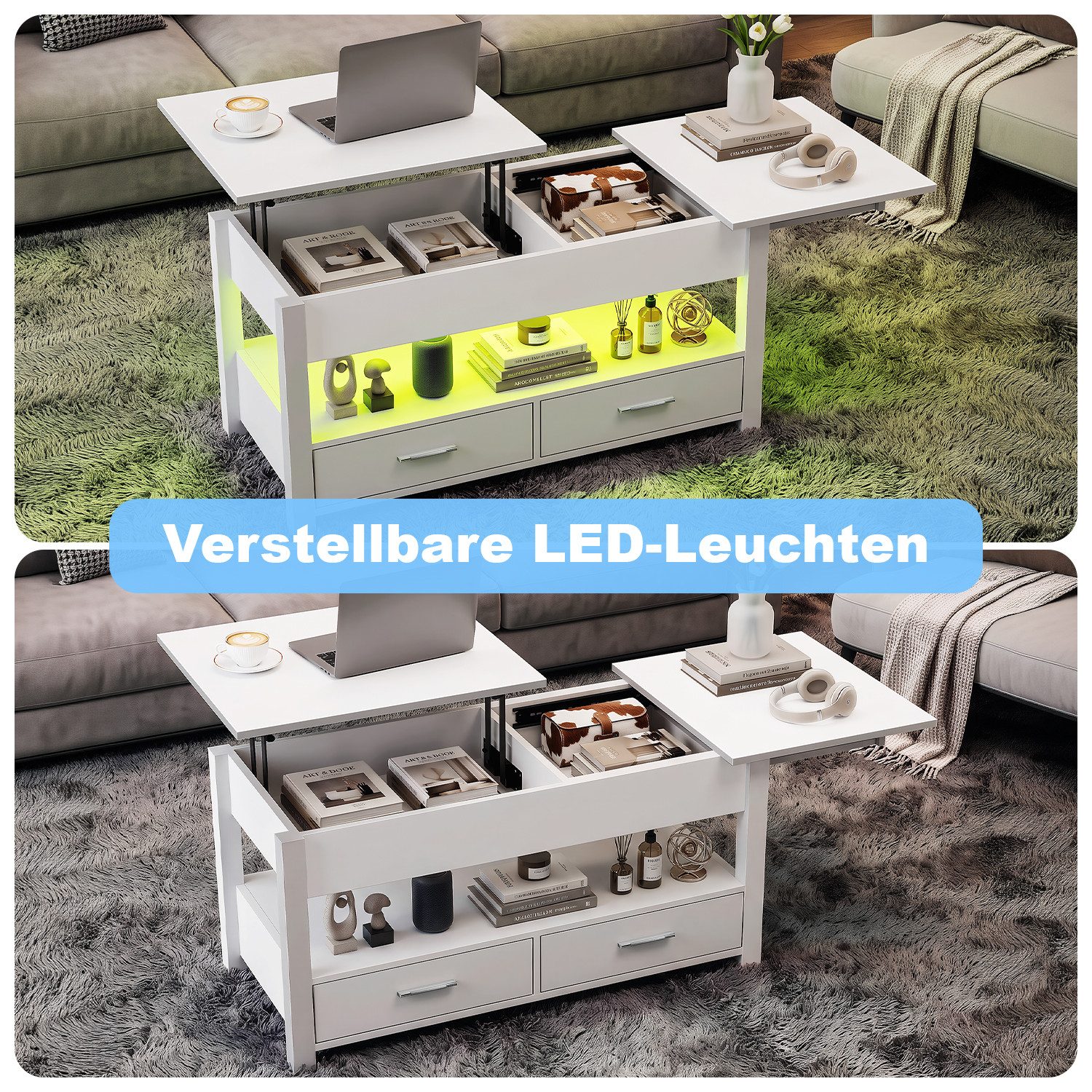 oyajia Couchtisch Wohnzimmertisch mit LED Beleuchtung & Fernsteuerung Beistelltisch (Bluetooth-Fernbedienung,App-Steuerung,100 x 50 x 46cm,mit 2 Schubladen,Farb – Bild 4 von 5
