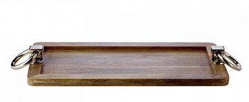 Tablett Bobby, Mangoholz, rechteckiges Serviertablett, Dekotablett für Kerzen, Frühstückstablett aus Holz, Griffe mit Silber-Optik, vernickelt, 60 x 20 cm