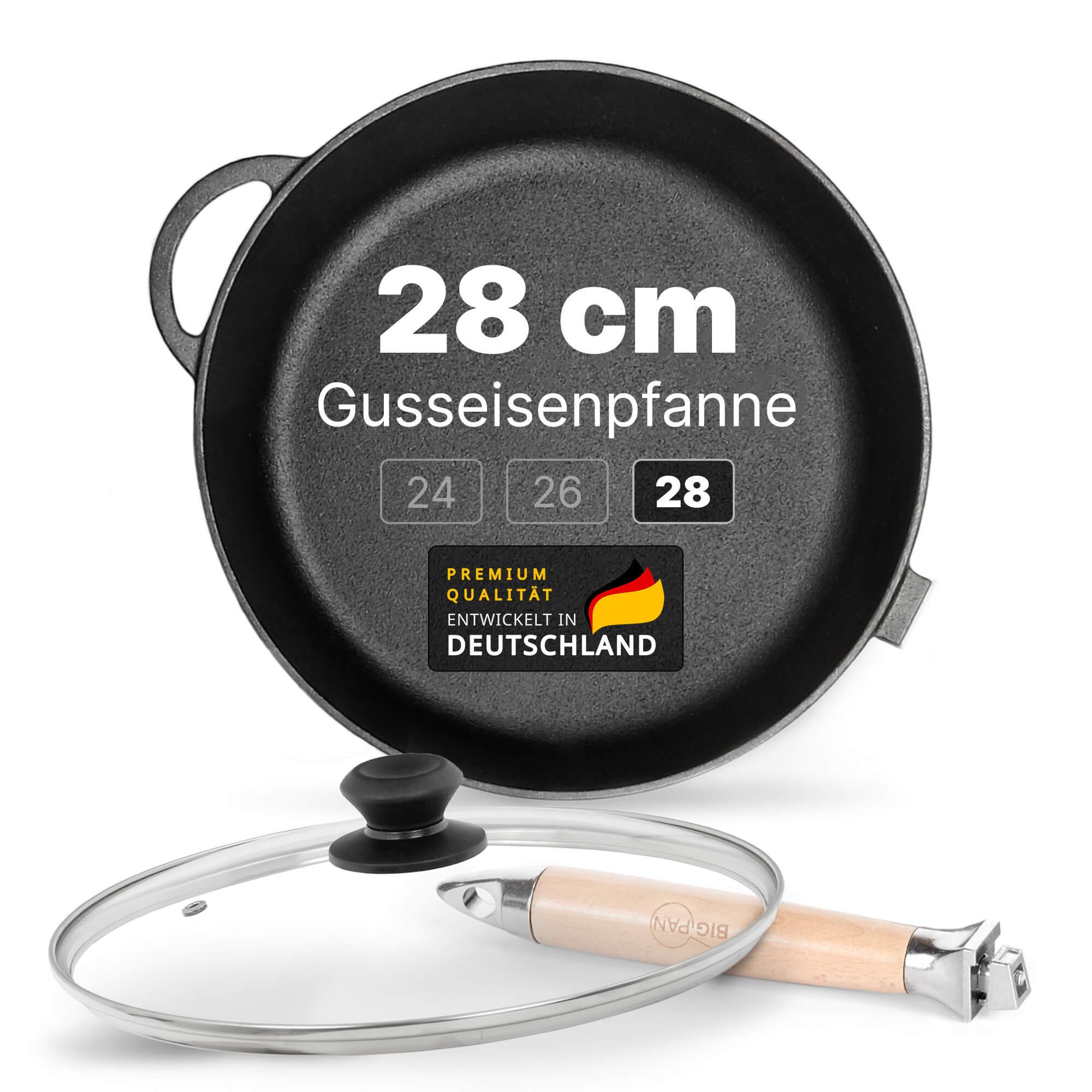 4BIG.fun Schmorpfanne Premium tiefe Gusseisenpfanne 28 cm Glasdeckel unbeschichtet robust, Gusseisen (Induktion Eisenpfanne Gusspfanne, Für alle Herdarten geeignet Induktion), Steakpfanne Servierpfanne Cast Iron Pan