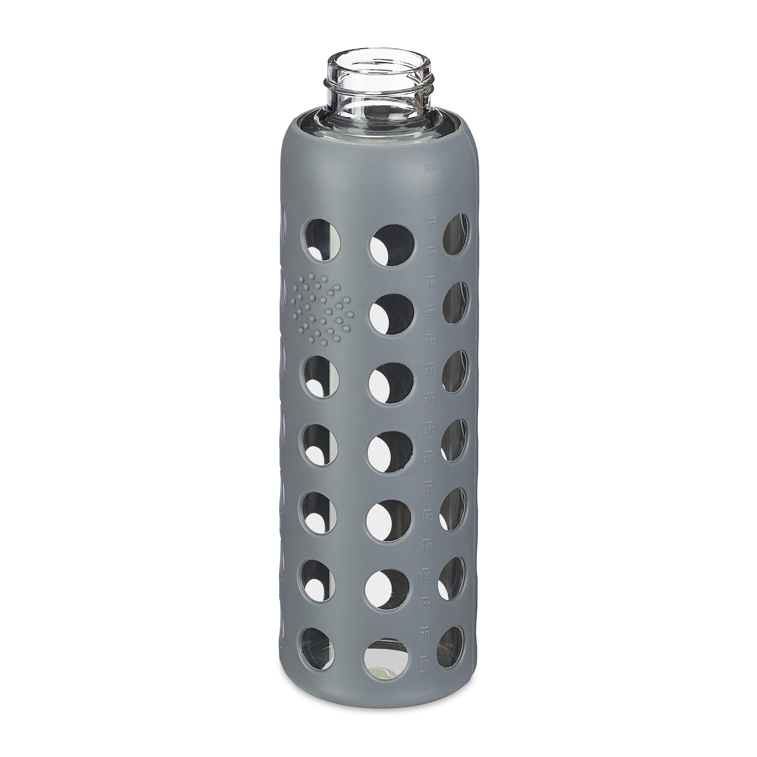Transparent 550ml, relaxdays Grau Grau mit Hellbraun Glasflasche Bambusdeckel Trinkflasche