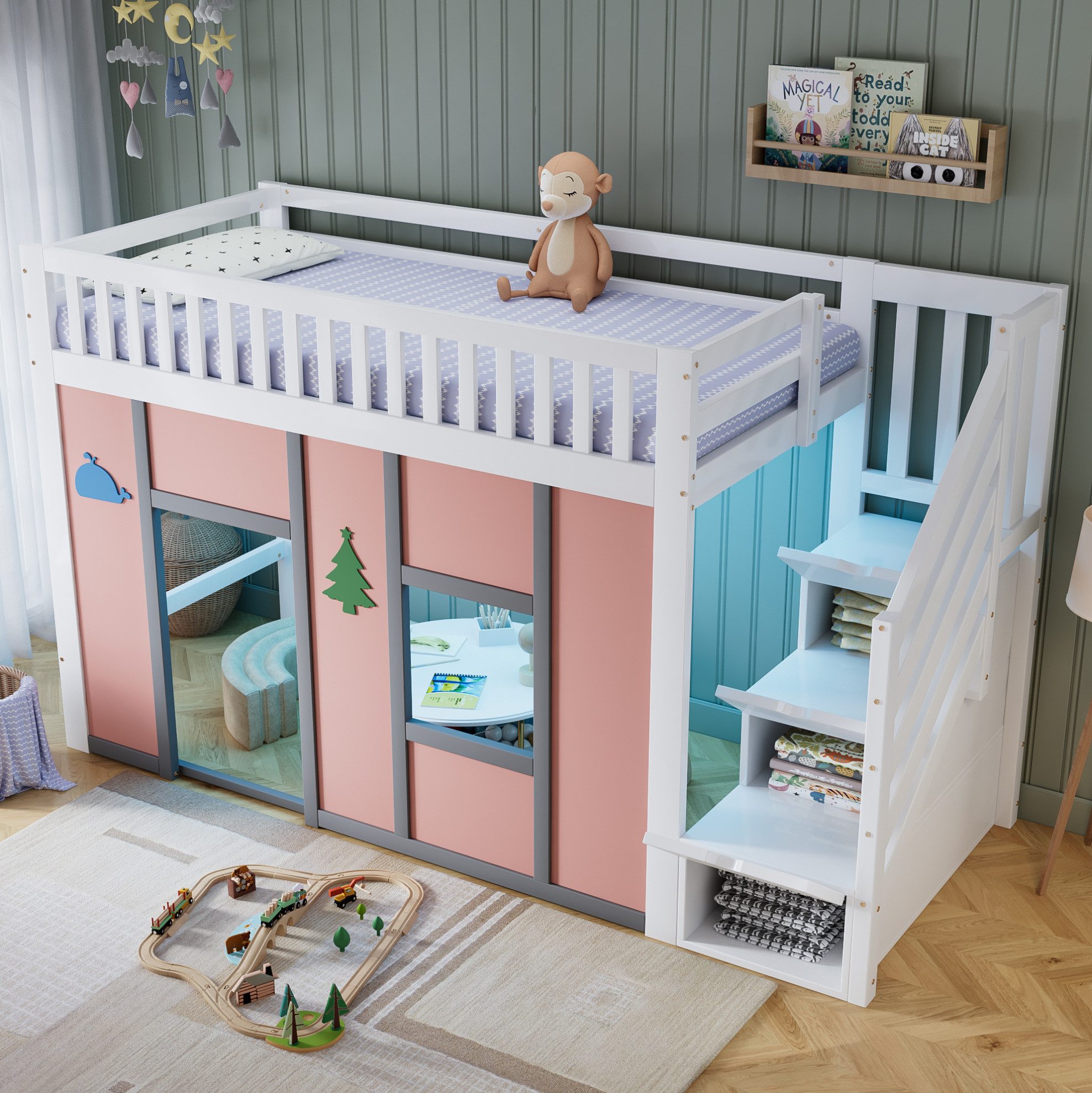 MODFU Hochbett Spielbett mit Stauraum-Treppe, Jugendbett Holzbett (Stauraumbett mit LED-Beleuchtung und Spielbereich 90x200 cm, Jugendbett Holzbett) Jugendbett Holzbett, ohne Matratze