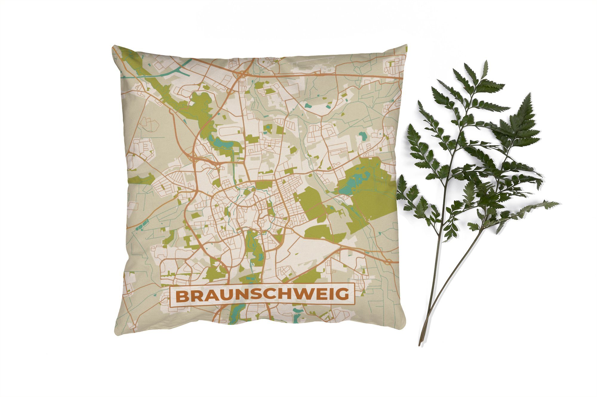 MuchoWow Dekokissen Braunschweg - Karte - Vintage - Stadtplan, Zierkissen mit Füllung für Wohzimmer, Schlafzimmer, Deko, Sofakissen