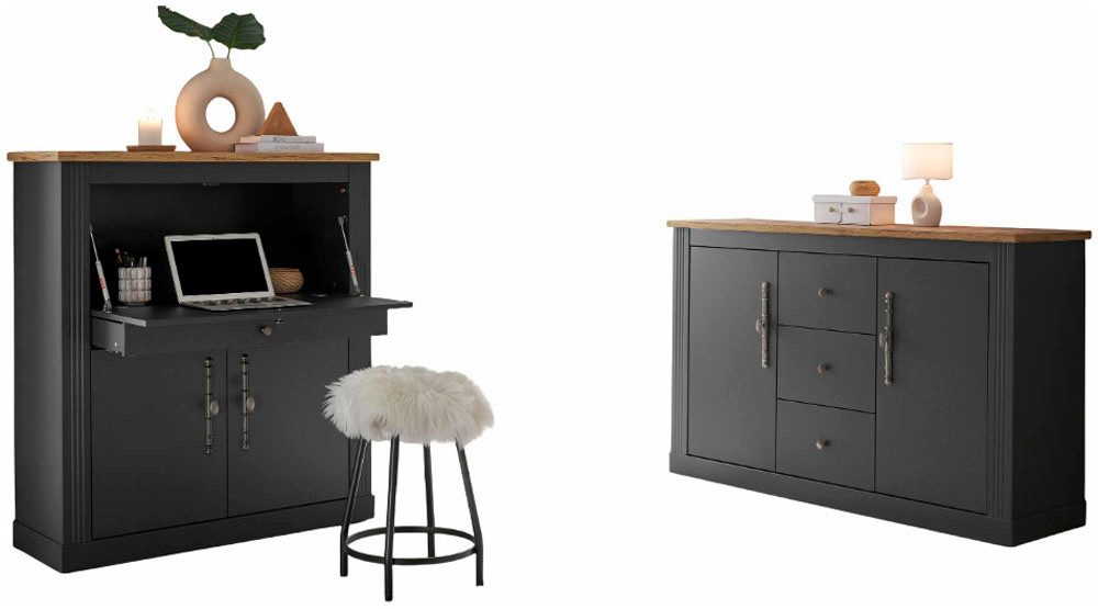 OTTO home Büromöbel-Set Westminster, wohnliches Home-Office, Büro in zwei Farben verfügbar, (Set, 2-tlg), enthält Sekretär und Sideboard im Landhausstil, mit Kabelkanal