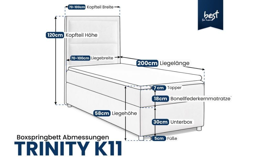 Best for Home Boxspringbett K-11 SINGLE mit Bettkasten, Bonellfederkern, Komfort Topper H3 (Hotelbett, Einzelbett, Kinderbett, Juniorbett, 70x200 80x200 90x200 100x200 cm), verschiedene Liefermöglichkeiten, TOP Preis-Leistungs-Verhältnis