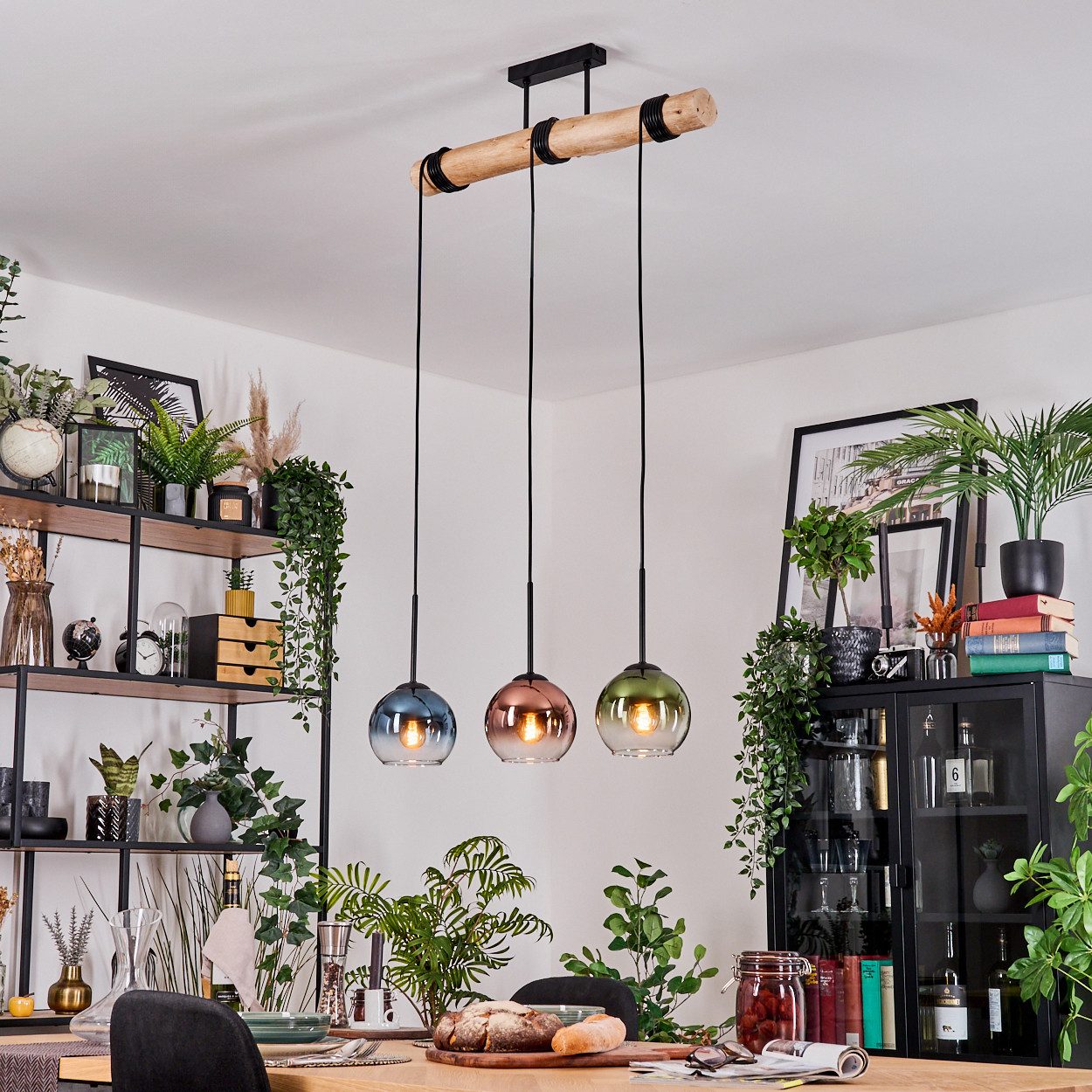 hofstein Hängeleuchte Hängelampe aus Metall/Holz/Glas in Schwarz/Natur/Blau/Grün/Kupfer/Klar, ohne Leuchtmittel, moderne Pendelleuchte im Boho/Retro-Design mit Holzstab, 3 x E27
