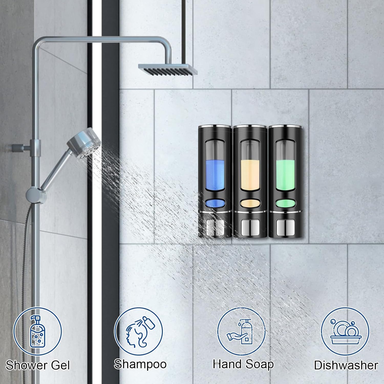 AURIVION Flaschenträger Seifenspender Wandmontage 400ml, 3 Stk. für Bad & Küche (Set, 3-St., Seifenpumpenspender für Badezimmer & Küche, platzsparend), Manueller Shampoo Spender für Dusche mit Pumpfunktion