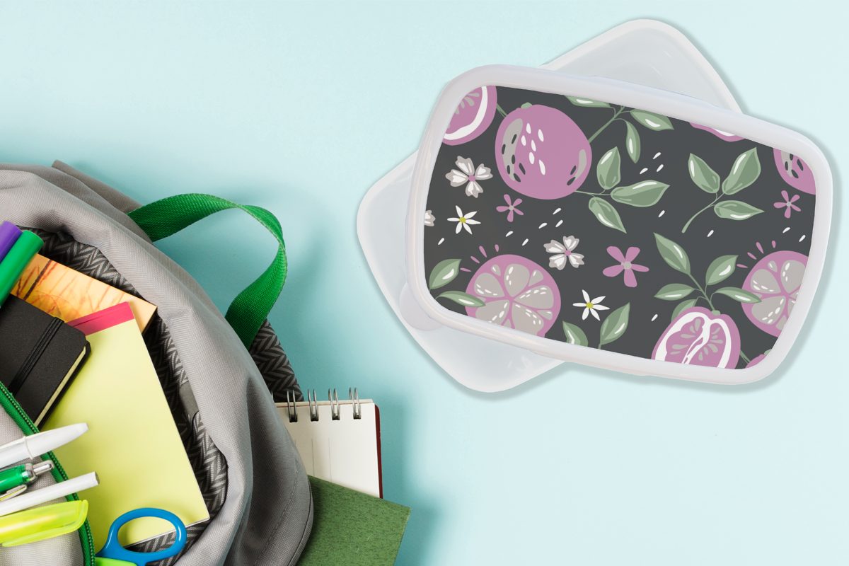 MuchoWow Lunchbox Sommer - Blumen - Kinder - Obst Schwarz, und Mädchen für (2-tlg), Kunststoff, für Brotbox und Erwachsene, weiß Jungs Brotdose