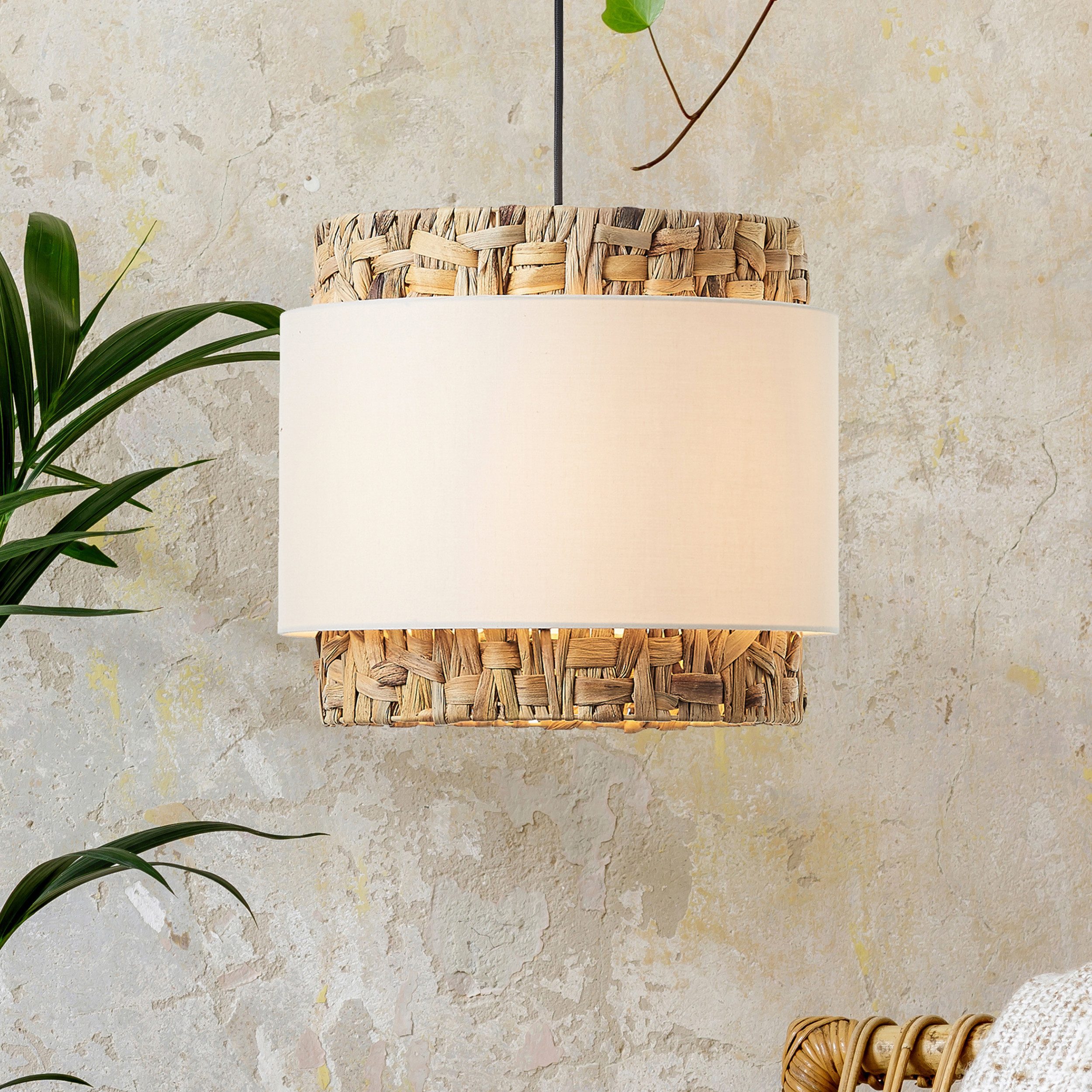 Lightbox Pendelleuchte, ohne Leuchtmittel, kürzbare Hängelampe mit Wasserhyazinthe / Stoff Schirm, Ø 25cm