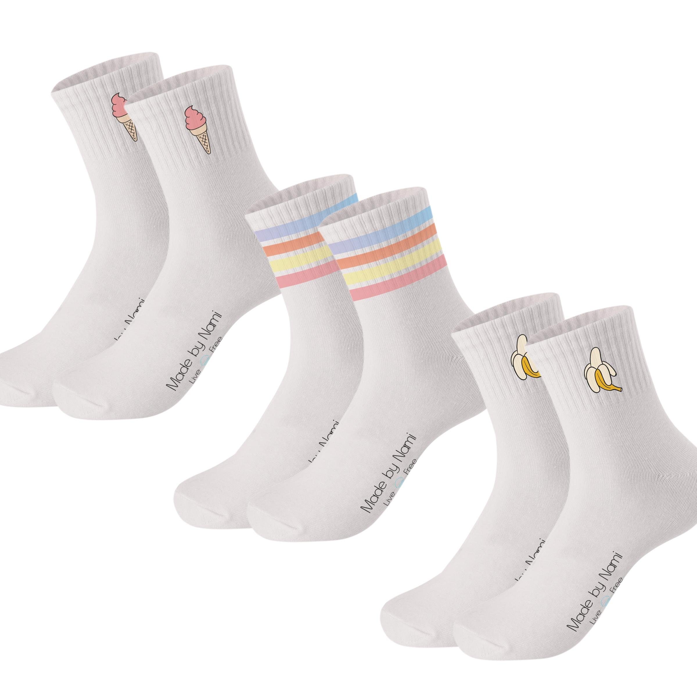 Made by Nami Носки Crew Socks Tennissocken weiß - Print - Baumwolle (3-Paar) 35-40, atmungsaktiv