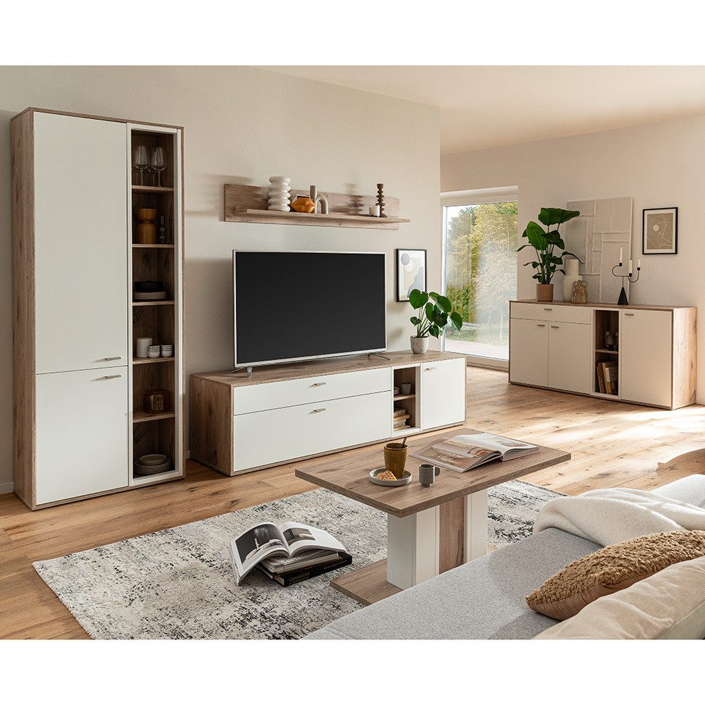 Lomadox Wohnzimmer-Set SAGUNTO-05, (Mega-Spar-Set, 5-St., Sideboard Vitrine Lowboard Wandboard Couchtisch), Wohnwand, in weiß und Eiche