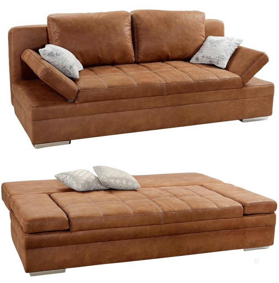 luma-home Schlafsofa 15117, Armlehn.verstellbar, Braun Curry, Bettfunktion,  Antikleder-Optik, Stauraum