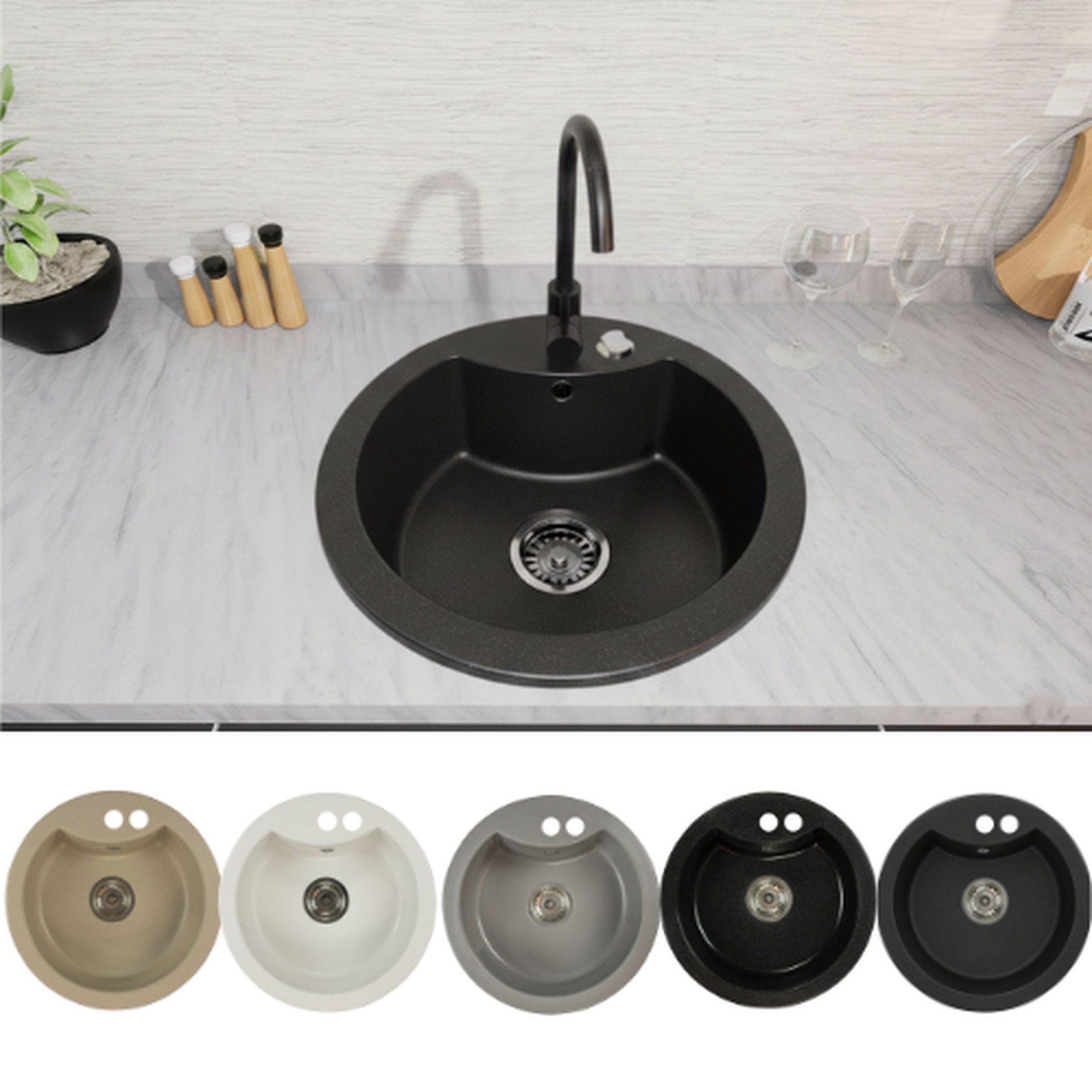 Faizee Möbel Granitspüle Granitspüle Einbauspüle rund Spülbecken+Drehexcenter+Siphon 49cm, Rund