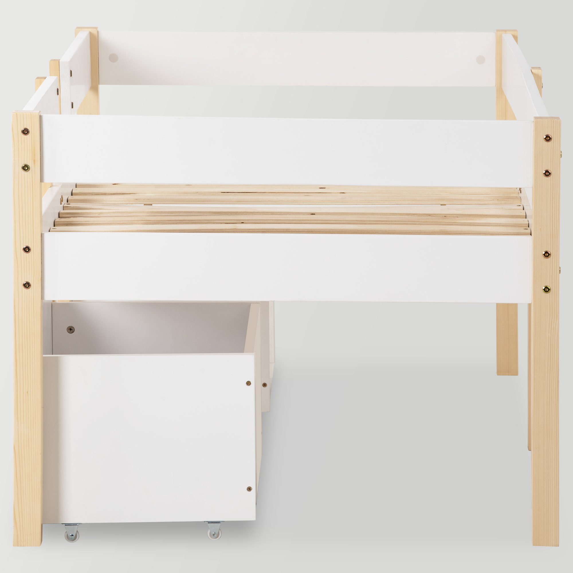 mit weißes Einzelbett, & 90*200cm Bett), Hochbett (Packung, Ulife Massivholzbett Rausfallschutz beige 90*190cm, Kinderbett aus Kiefer, Schublade