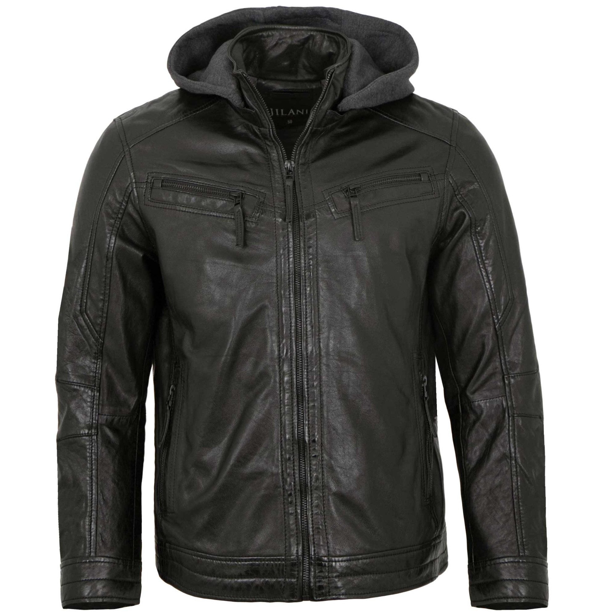 Jilani Lederjacke Caracas Jilani - Herren Lederjacke Kapuze Lammnappa schwarz
