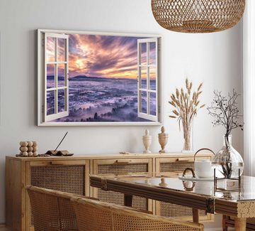 Sinus Art Leinwandbild Wandbild 120x80cm Fensterbild Horizont Berge Stadt Sonnenuntergang Abe, (1 St)