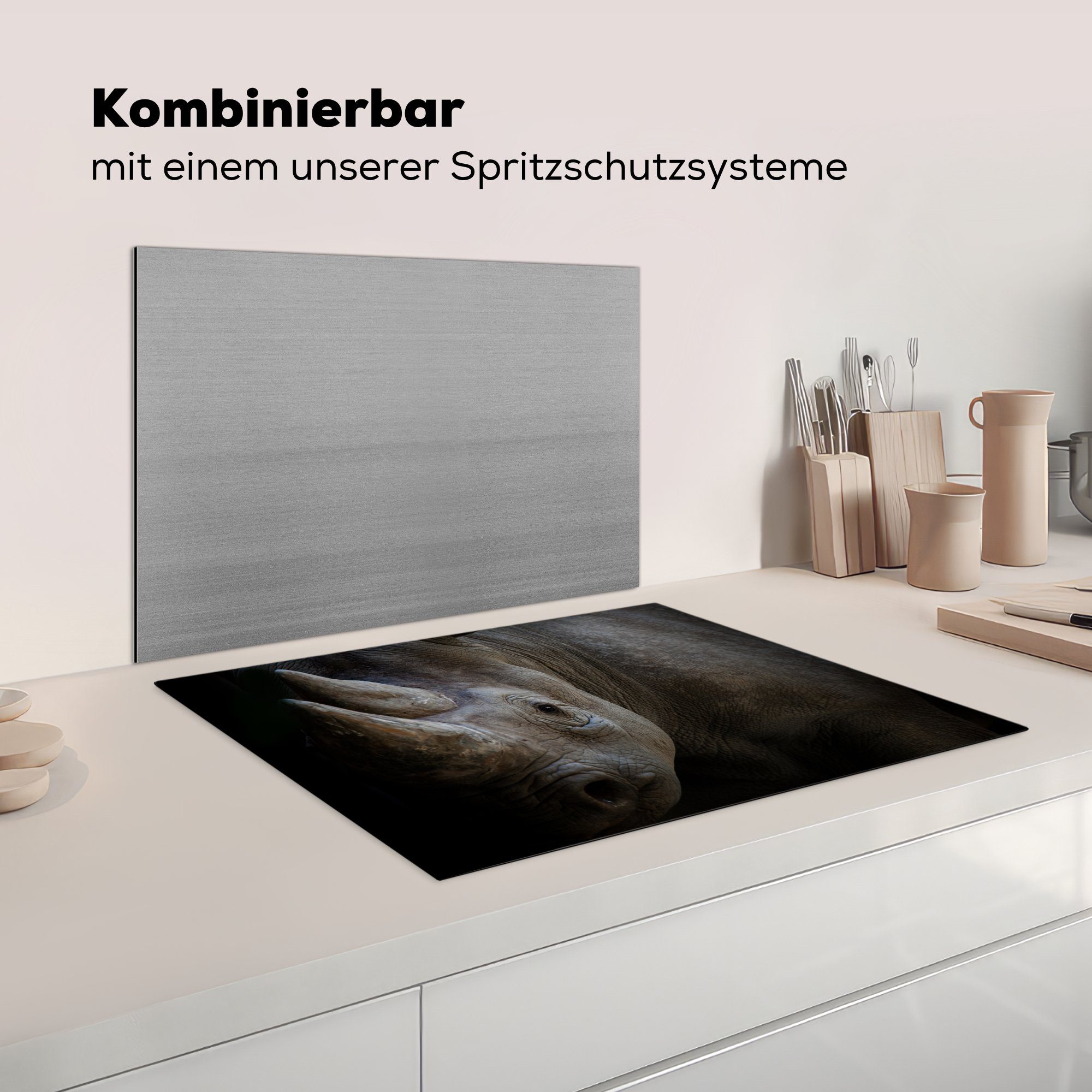 Vinyl, Arbeitsfläche Ceranfeldabdeckung 70x52 MuchoWow - (1 Rhinozeros nutzbar, - cm, Herdblende-/Abdeckplatte Tier tlg), Wild, Mobile