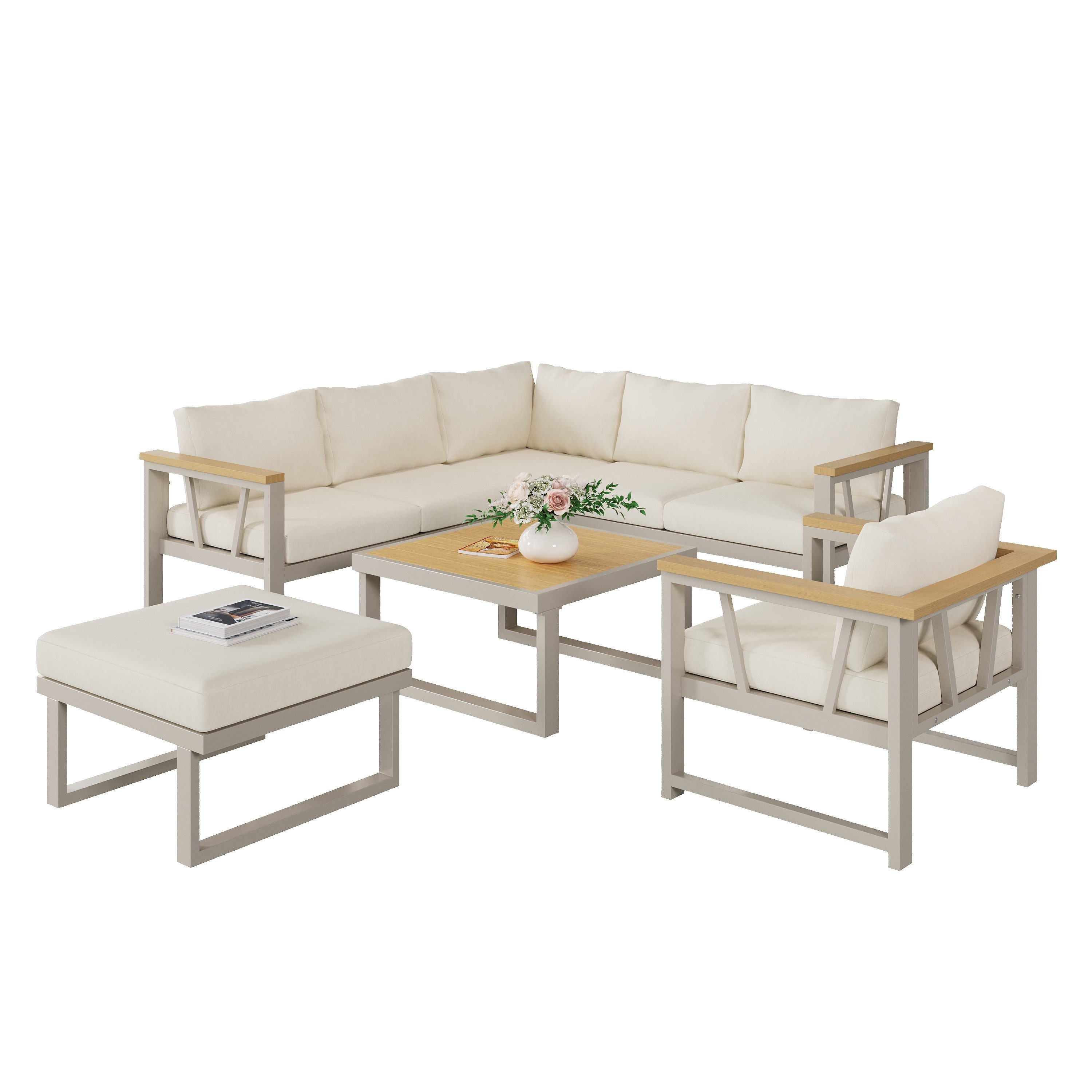 REDOM Gartenlounge-Set Eckstellung für bis zu 7 Personen, (Set, 4-tlg., Handläufe aus Kunststoffholz, verzinkte Stahlrohre), Inklusive Couchtisch, Farbe Khaki & Beige