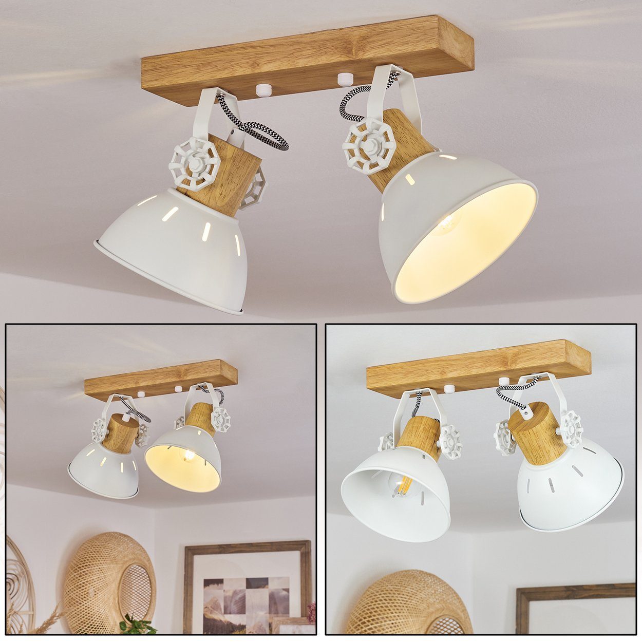 hofstein Deckenleuchte »Cotes« moderne Deckenlampe aus Metall/Holz in Weiß/Natur, ohne Leuchtmittel, Skandinavisches Design,verstellbaren Schirmen u. Lichteffekt, 2xE27