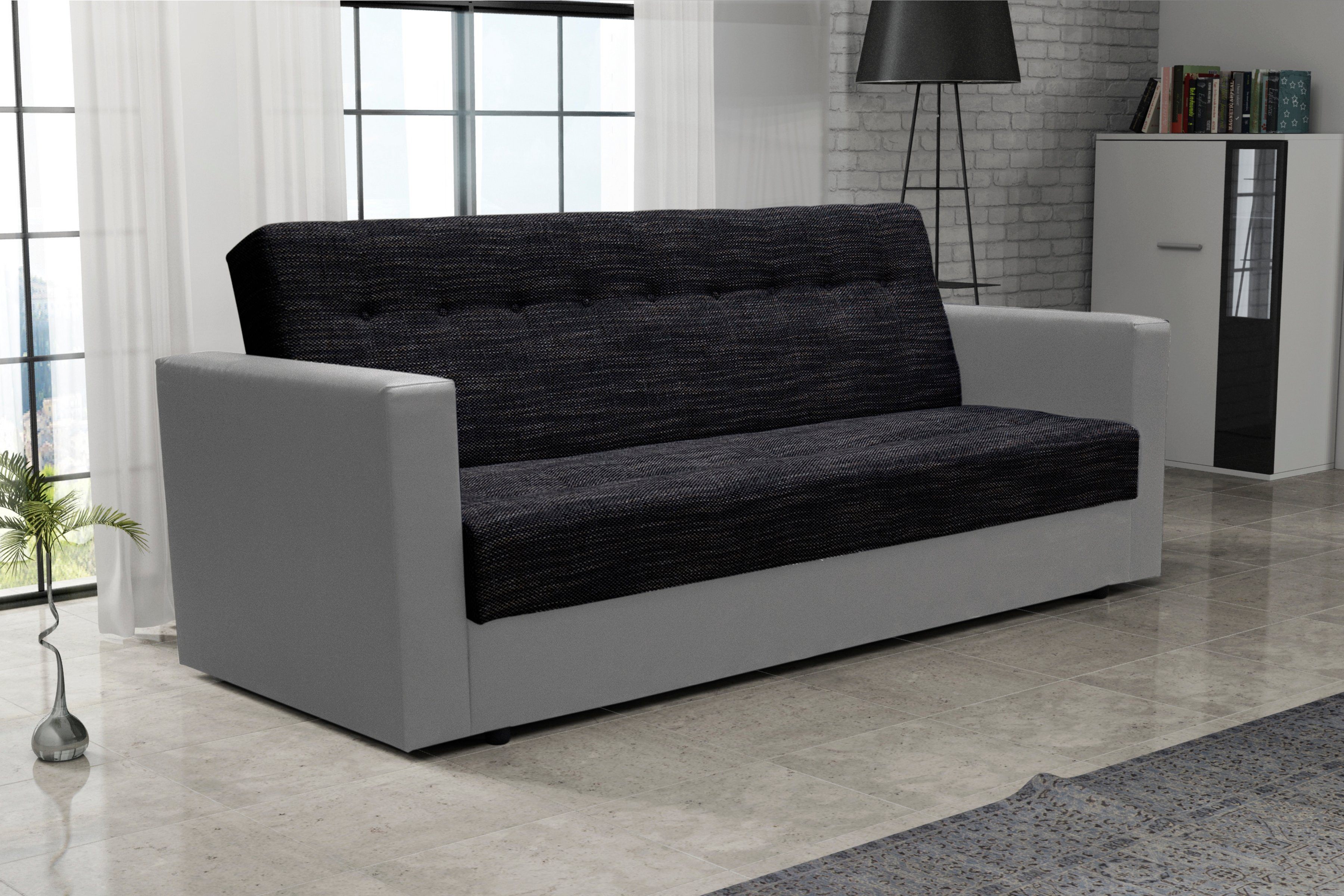 pressiode Sofa Schlafsofa, COUCH mit Schlaffunktion und Bettkasten 210cm WIND PLUS Schwarz+Grau