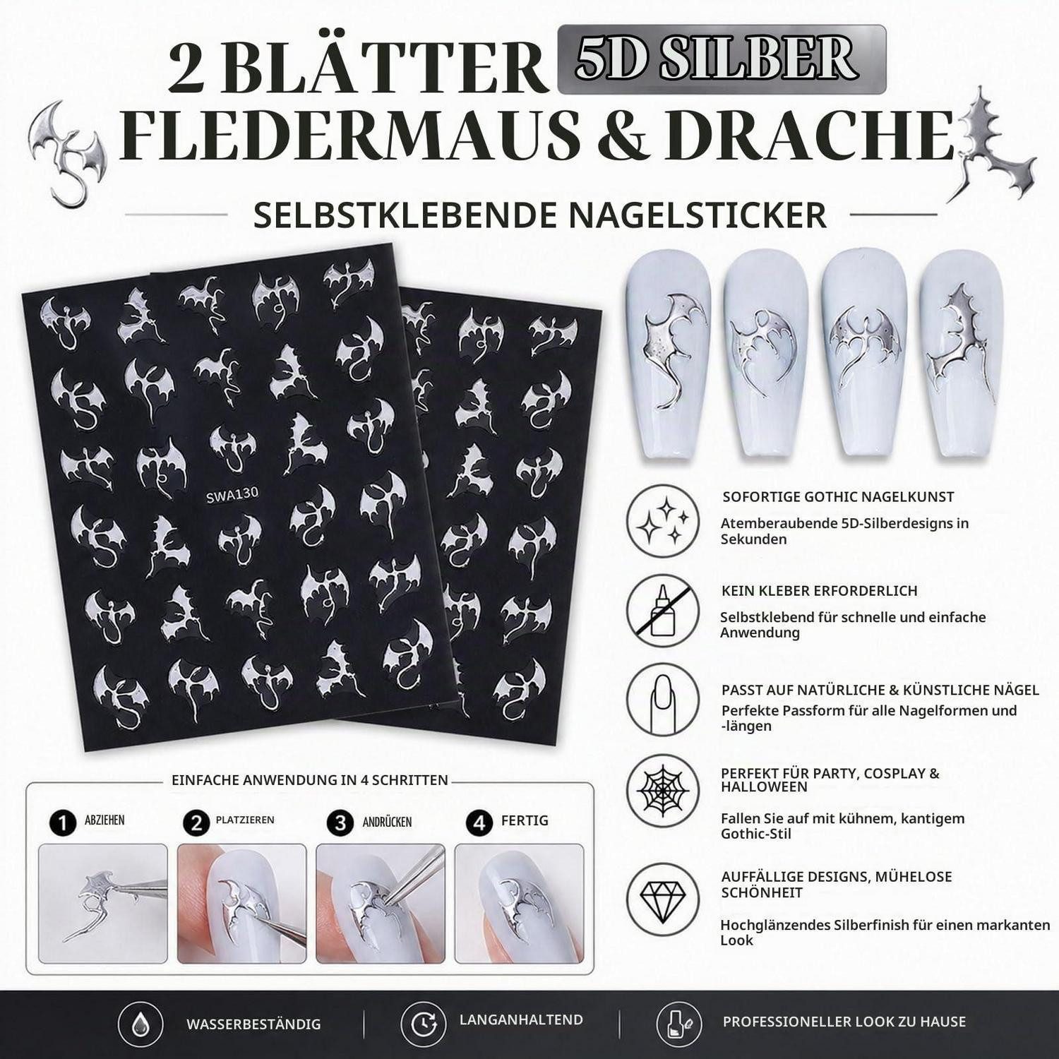 LuxusKollektion Nagel-Tattoo Halloween Nagelsticker 5D Fledermaus, 2-tlg.