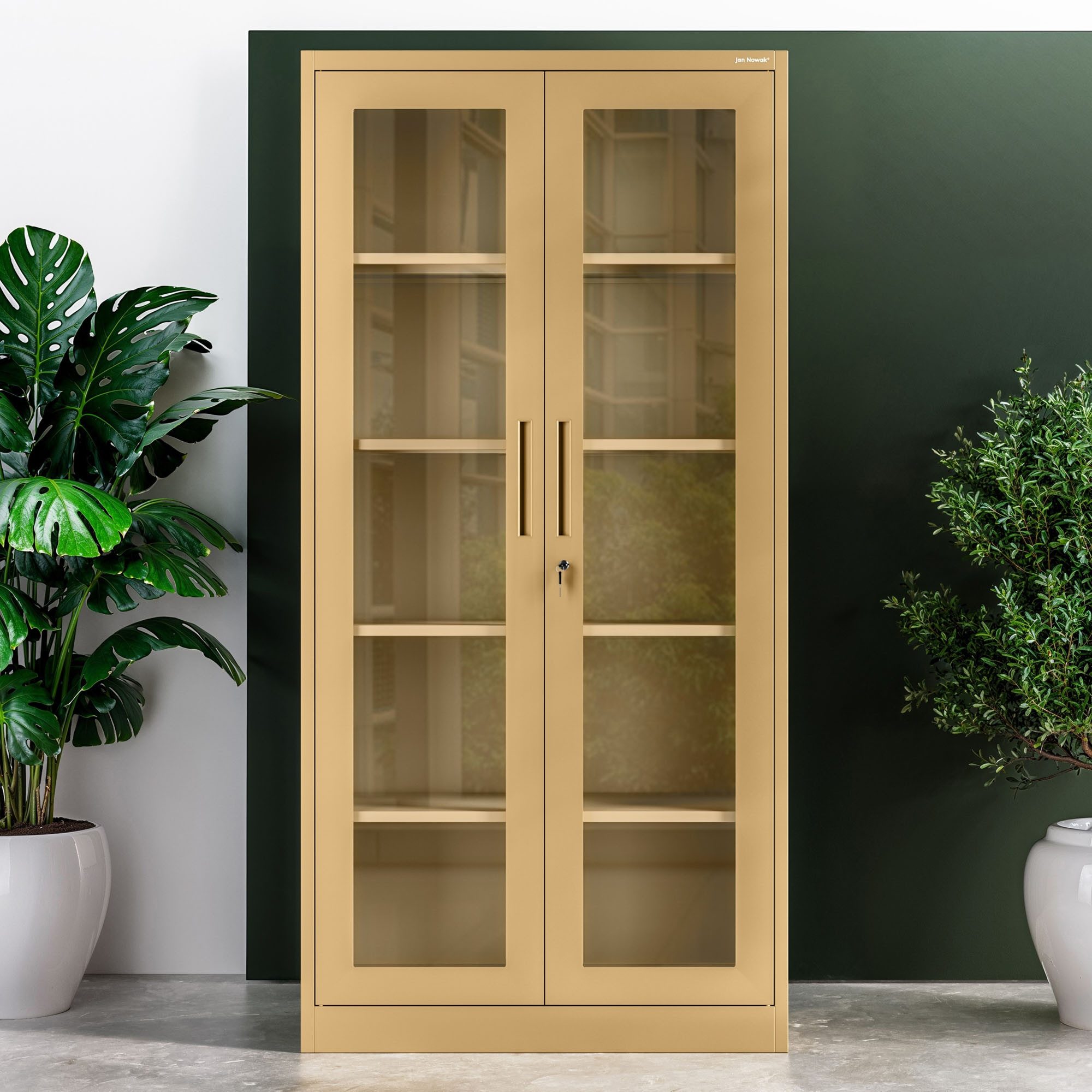 Jan Nowak Vitrine Metall Vitrinenschrank abschließbar 90 cm AMELIA Glasscheiben (Stahl 0,6 mm Wandmontage möglich PZH-zertifiziert 185 cm) Büroschrank 50 Ordner Schloss 2 Schlüssel 4 Böden 6 Farben