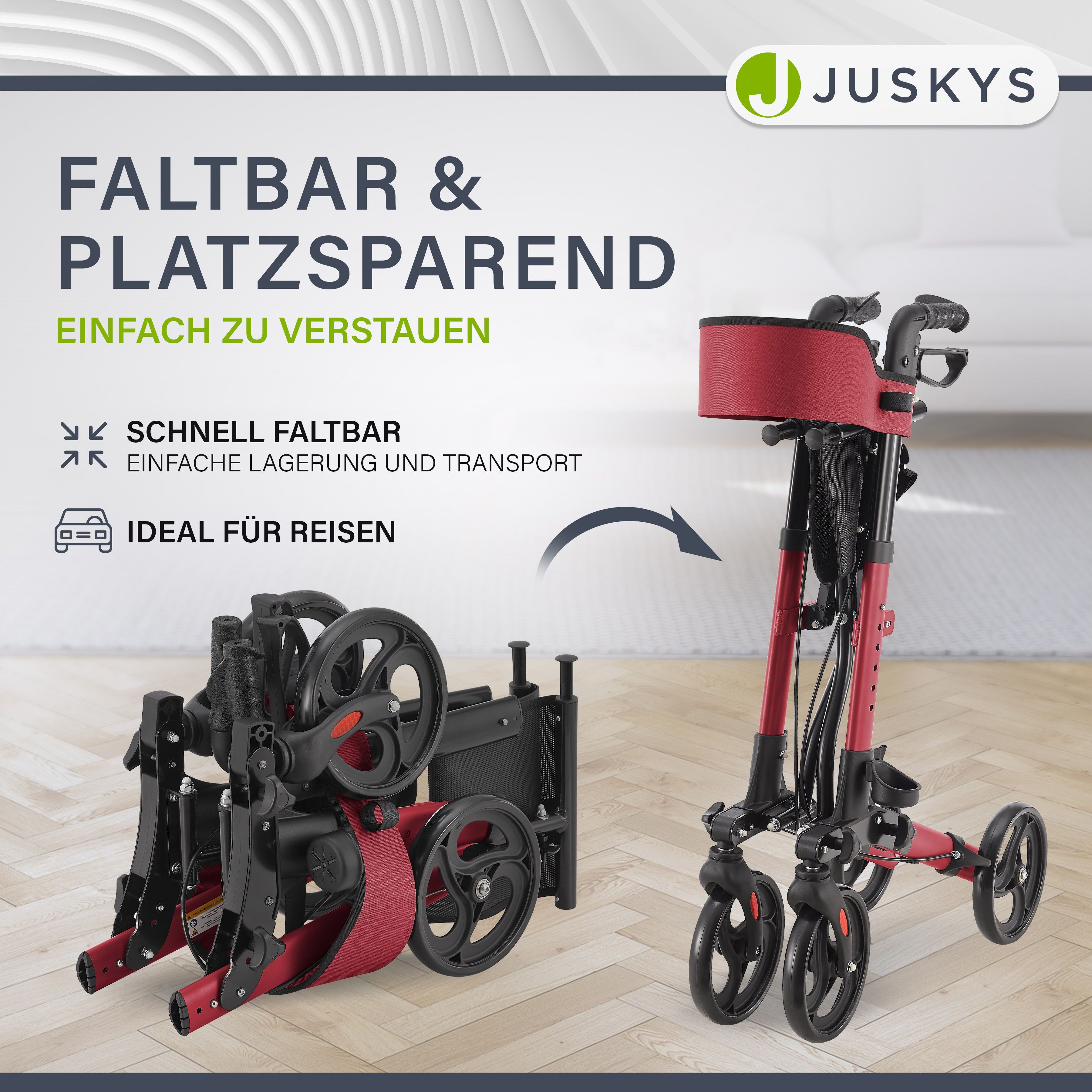 Juskys Rollator Vital, klappbar, mit Sitz, Einkaufstasche und Gehstockhalterung