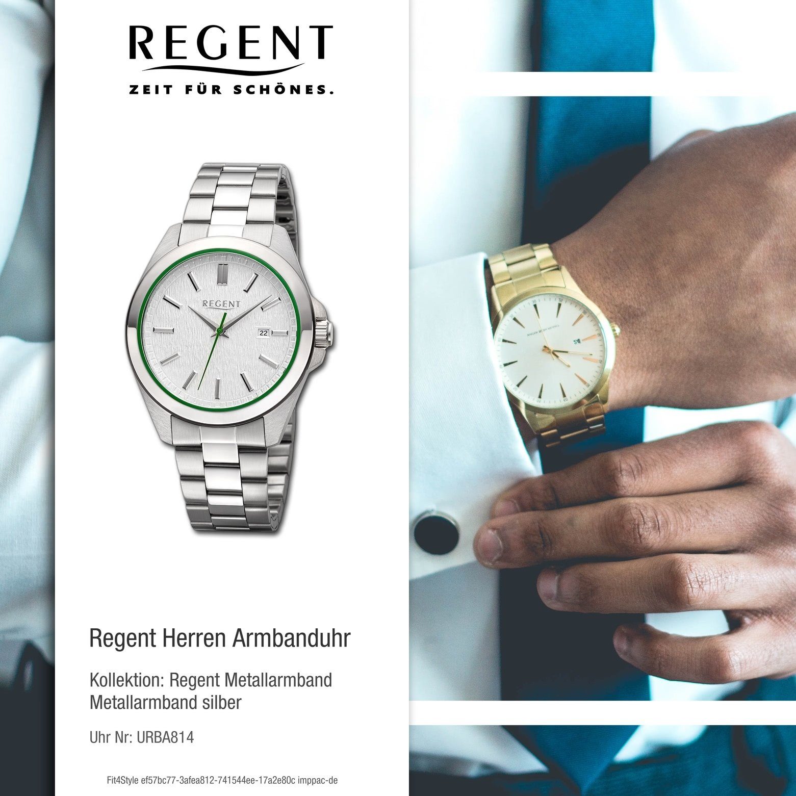 Metallarmband (ca. Quarzuhr extra Analog, Regent rund, 41mm), Herren Regent Herren groß Armbanduhr Armbanduhr grün