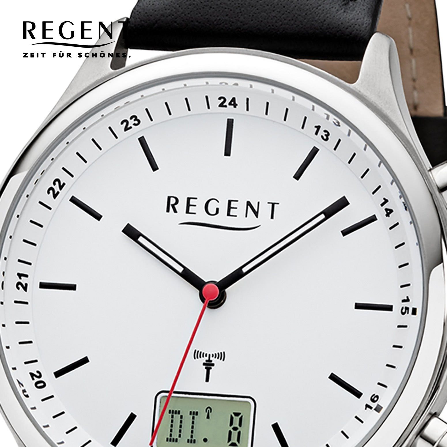 Regent Funkuhr Regent Herren Uhr BA-449 Metall Funkwerk, (Funkuhr), Herren Funkuhr rund, groß (ca. 40mm), Lederarmband