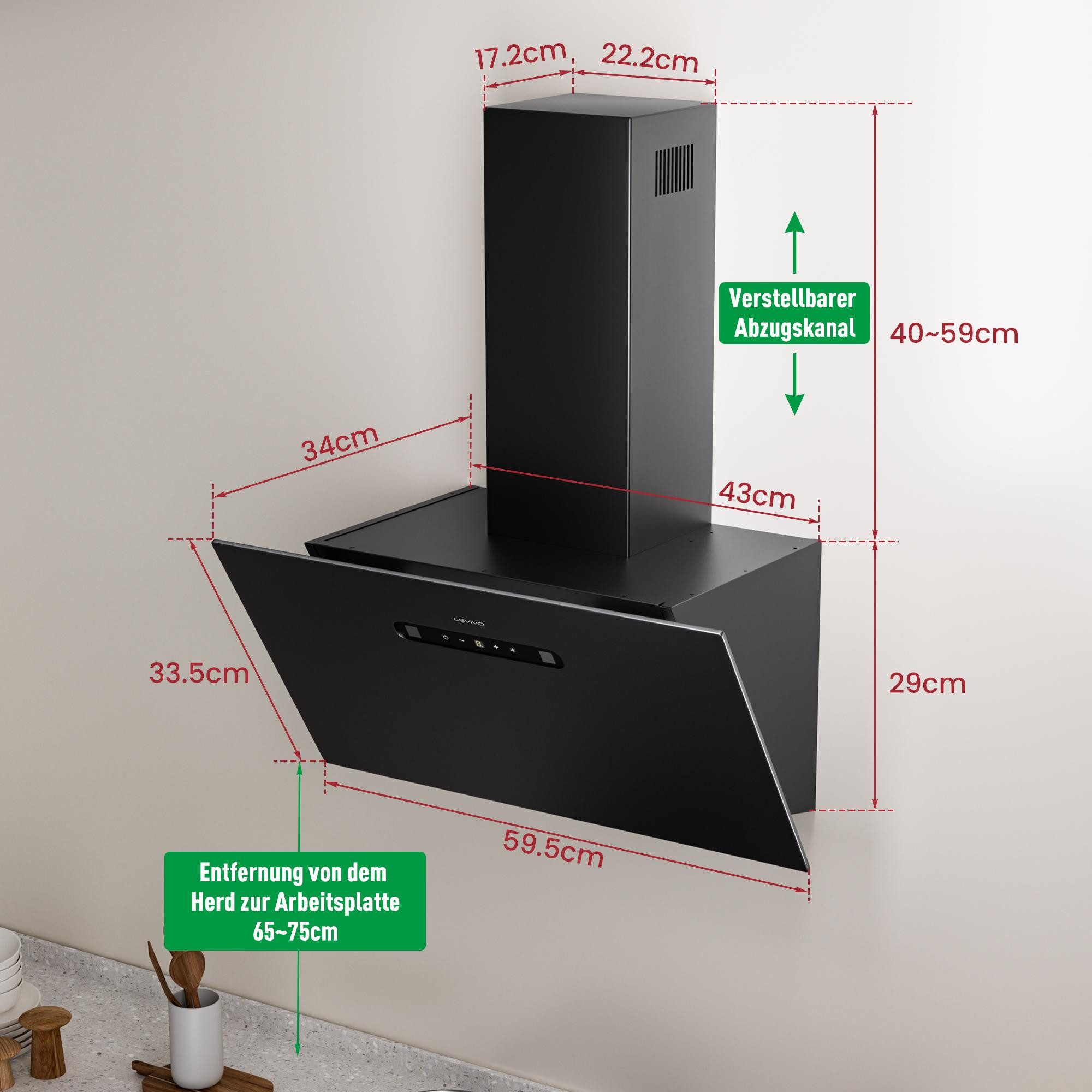 Levivo Kopffreihaube A+++ 420 m³/h Dunstabzugshaube 60cm Umluft & Abluft mit 2 Aktivkohlefiltern, 1 Fettfilter, 3 Stufen, Booster, 2 LEDs – Bild 5 von 5