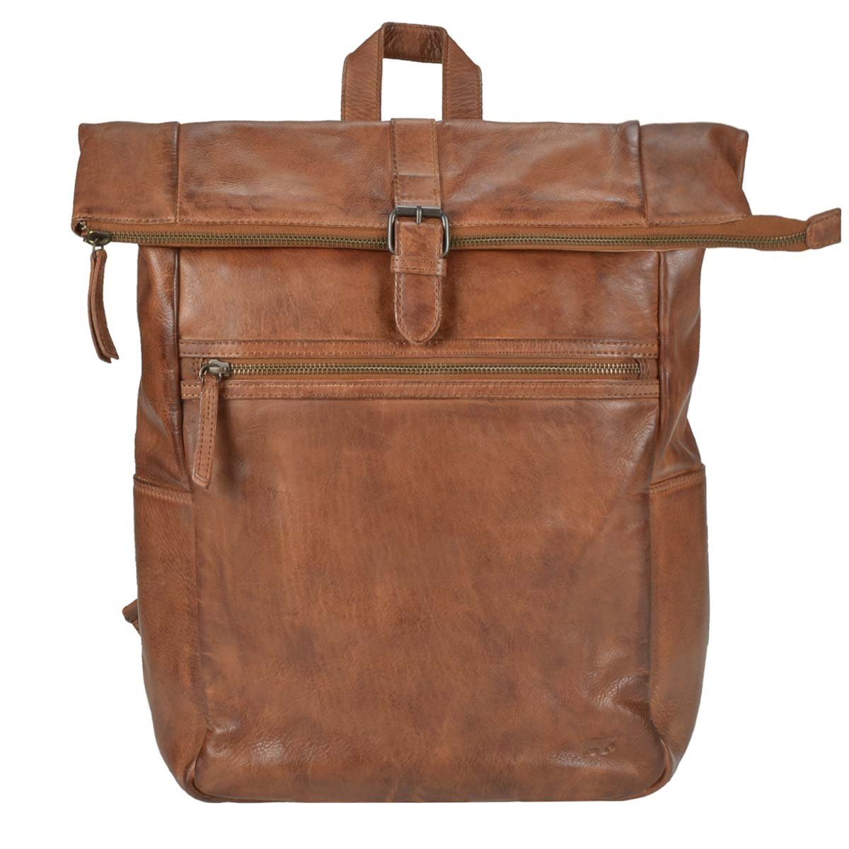 Bear Design Freizeitrucksack "Rick" Cow Lavato Leder Rucksack 27x40cm, Rolltop, Daypack, mit Notebookfach, Leder in cognac braun