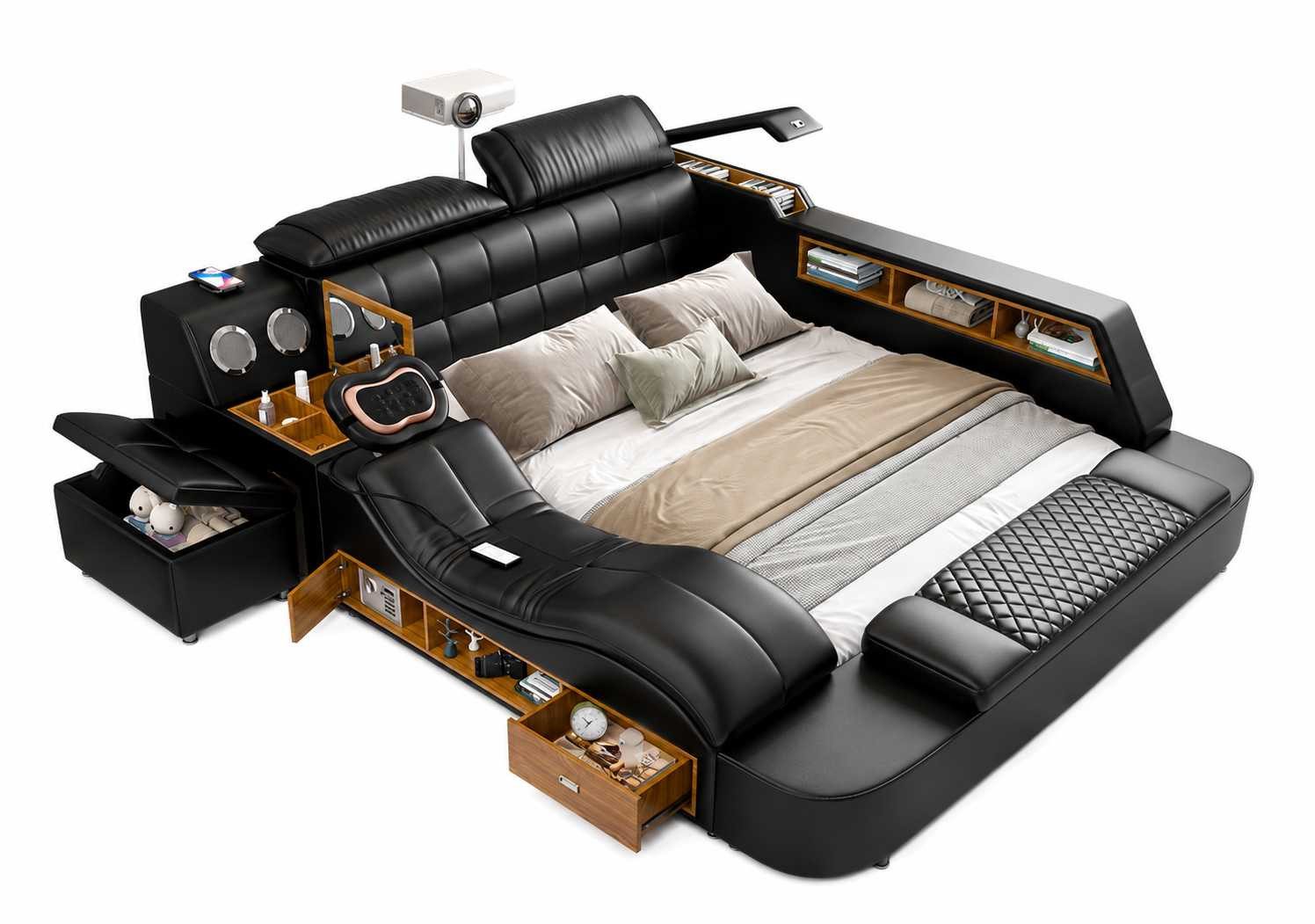 JVmoebel Polsterbett Schwarzes Smart Bett mit Beamer Ablagen und modernem Design, Made in Europa