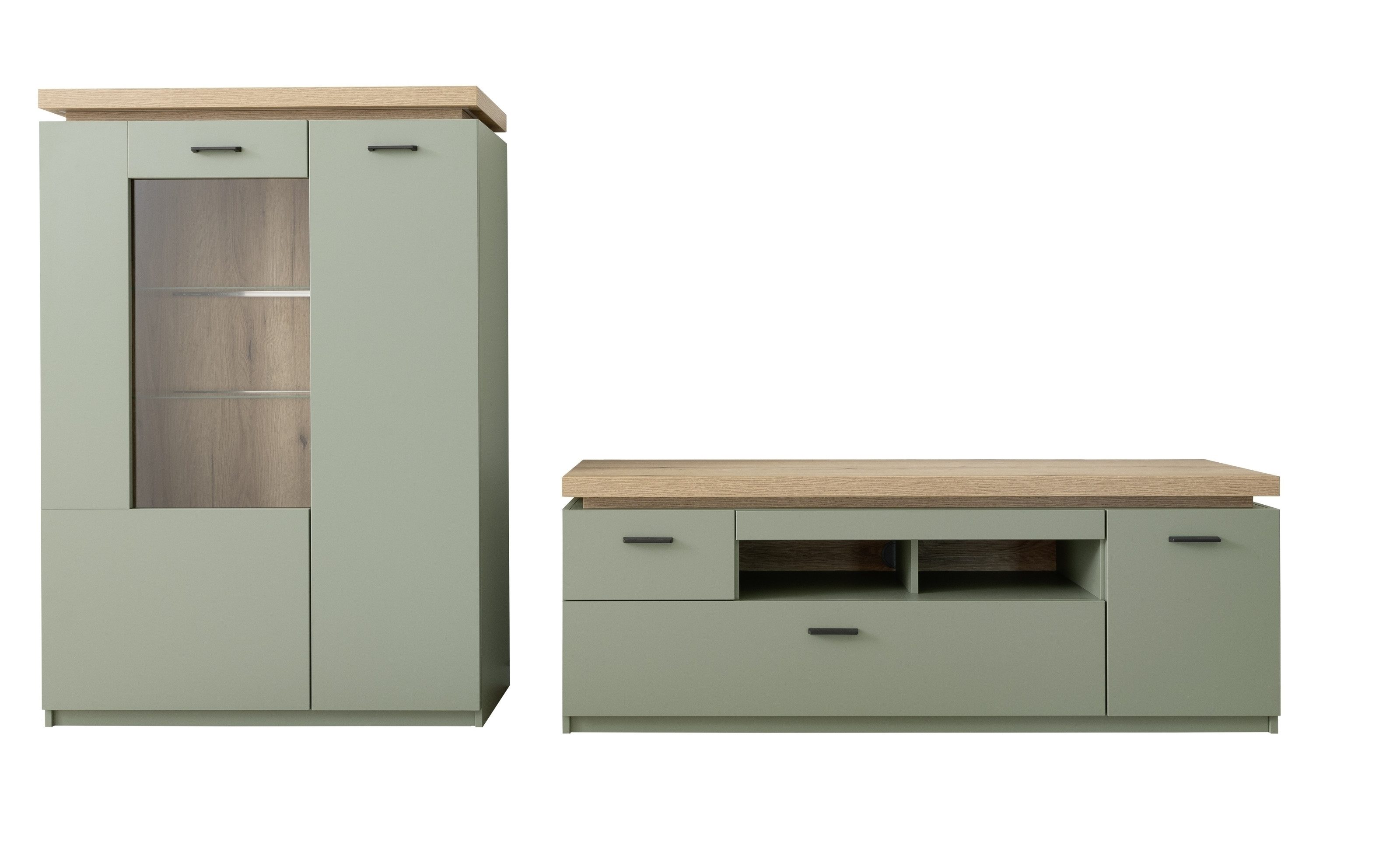 freiraum Wohnwand MONIZ, (2-teilig), (2-teilig) Salbei /Eiche, Lowboard 156x57x44cm, Highboard 98x144x38cm