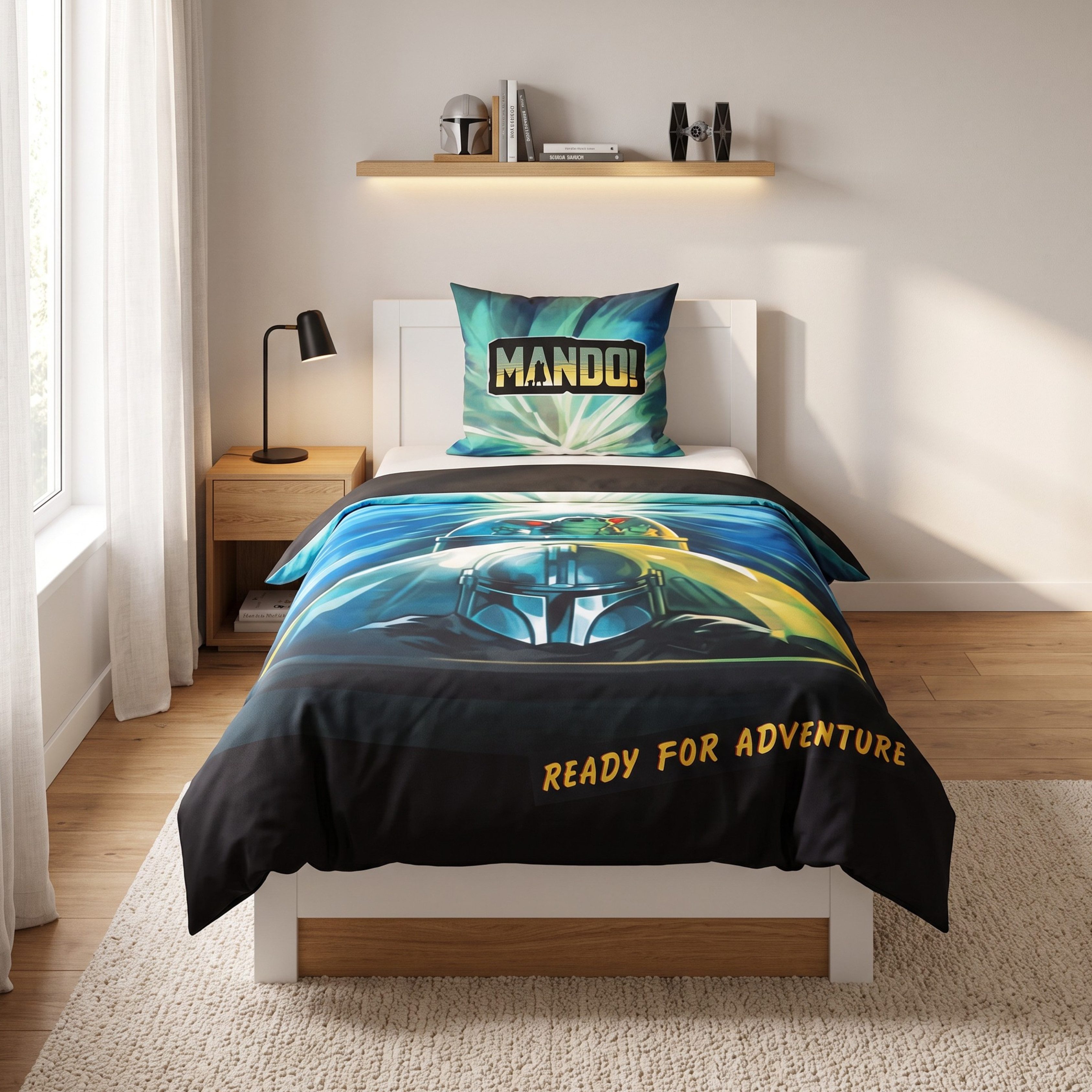 MTOnlinehandel Jugendbettwäsche Star Wars The Mandalorian 135x200 cm Renforcé, Grogu, 100% Baumwolle, 2 teilig, Wendedesign mit Grogu & Weltraummotiv