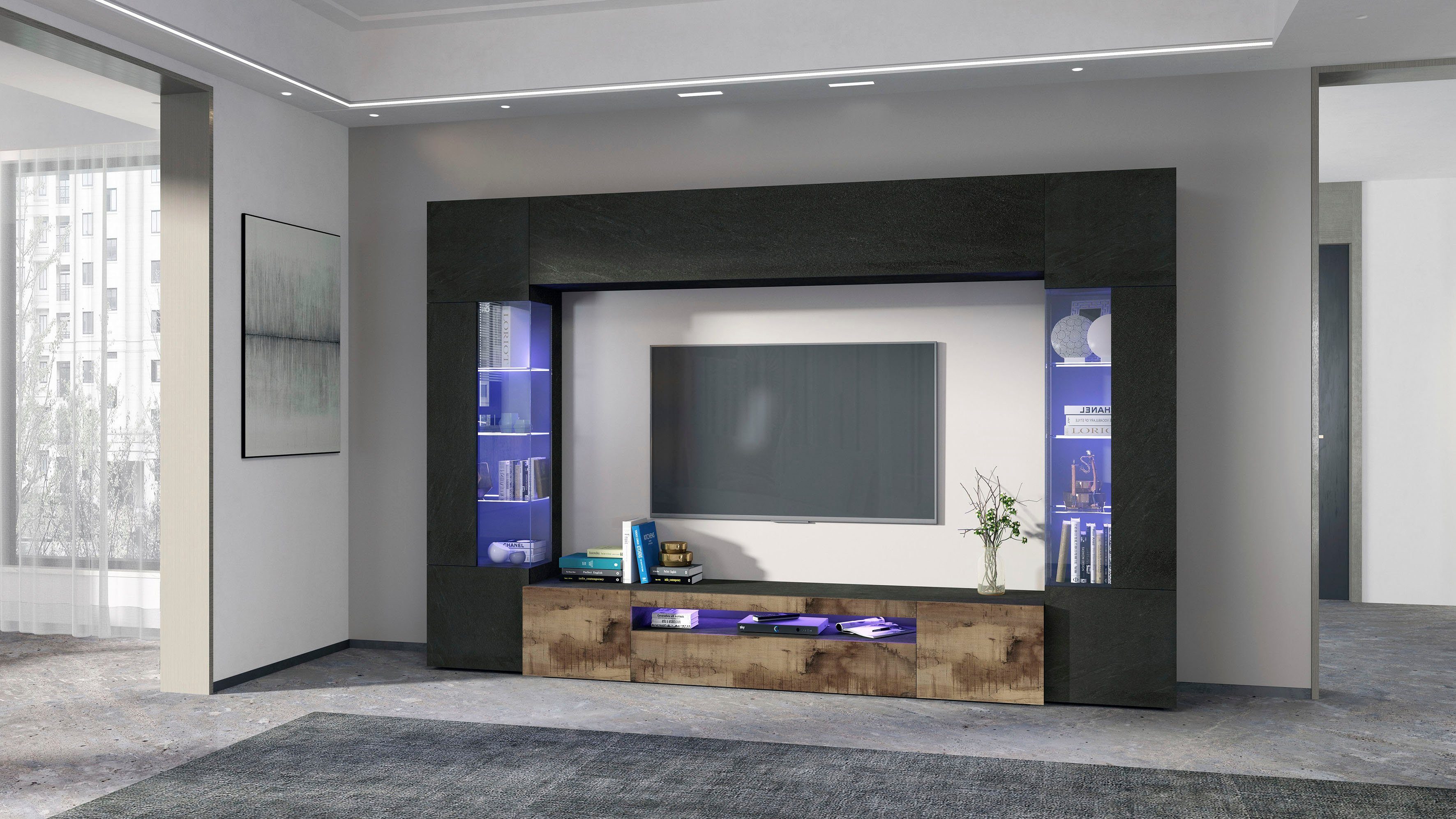 OTTO home Wohnwand New Egypt, (4-St., Breite 290cm), bestehend aus 2 Stauraumvitrinen, 1 Lowboard, 1 Hängeschrank