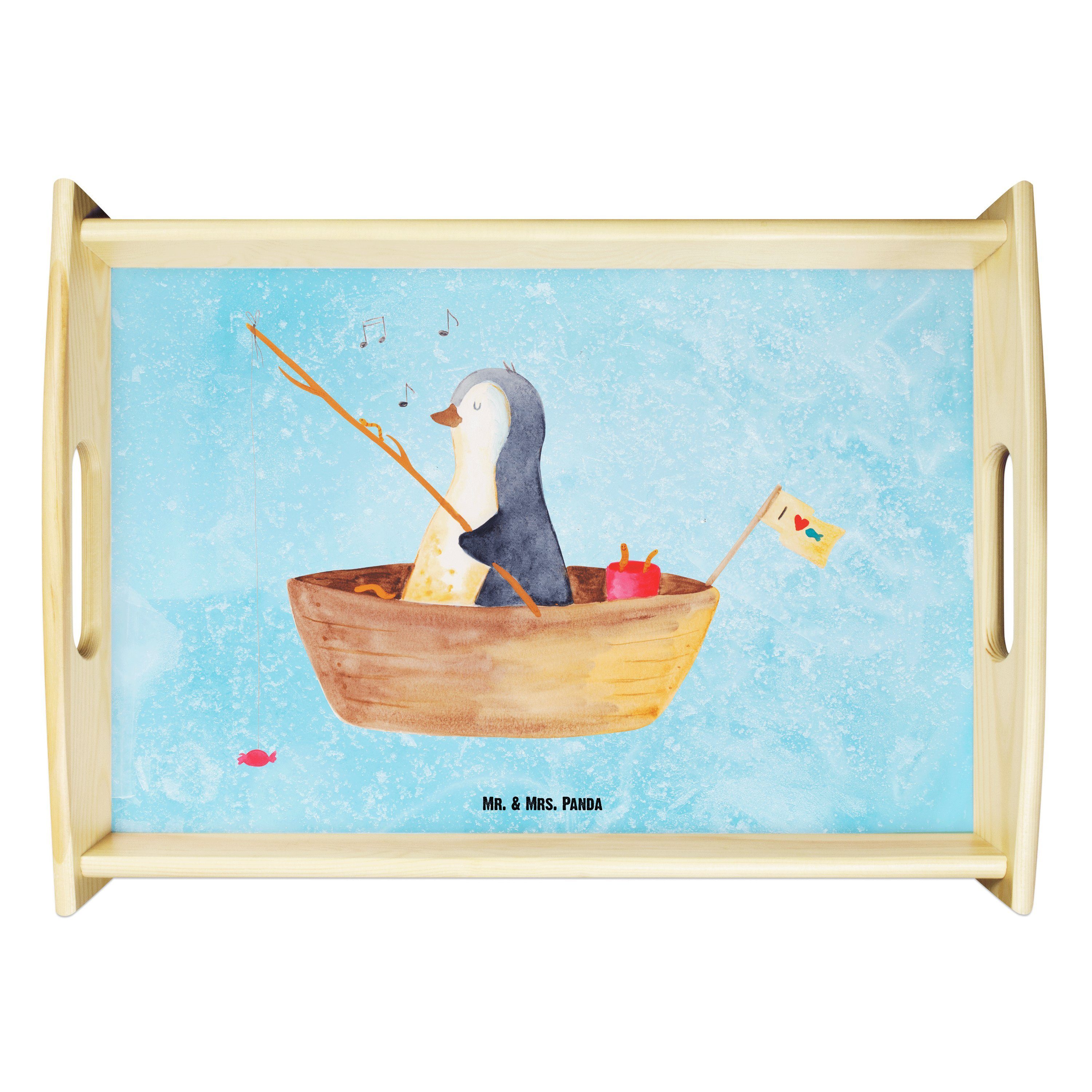 Mr. & Mrs. Panda Tablett Pinguin Angelboot - Eisblau - Geschenk, optimistisch, Küchentablett, Echtholz lasiert, (1-tlg)