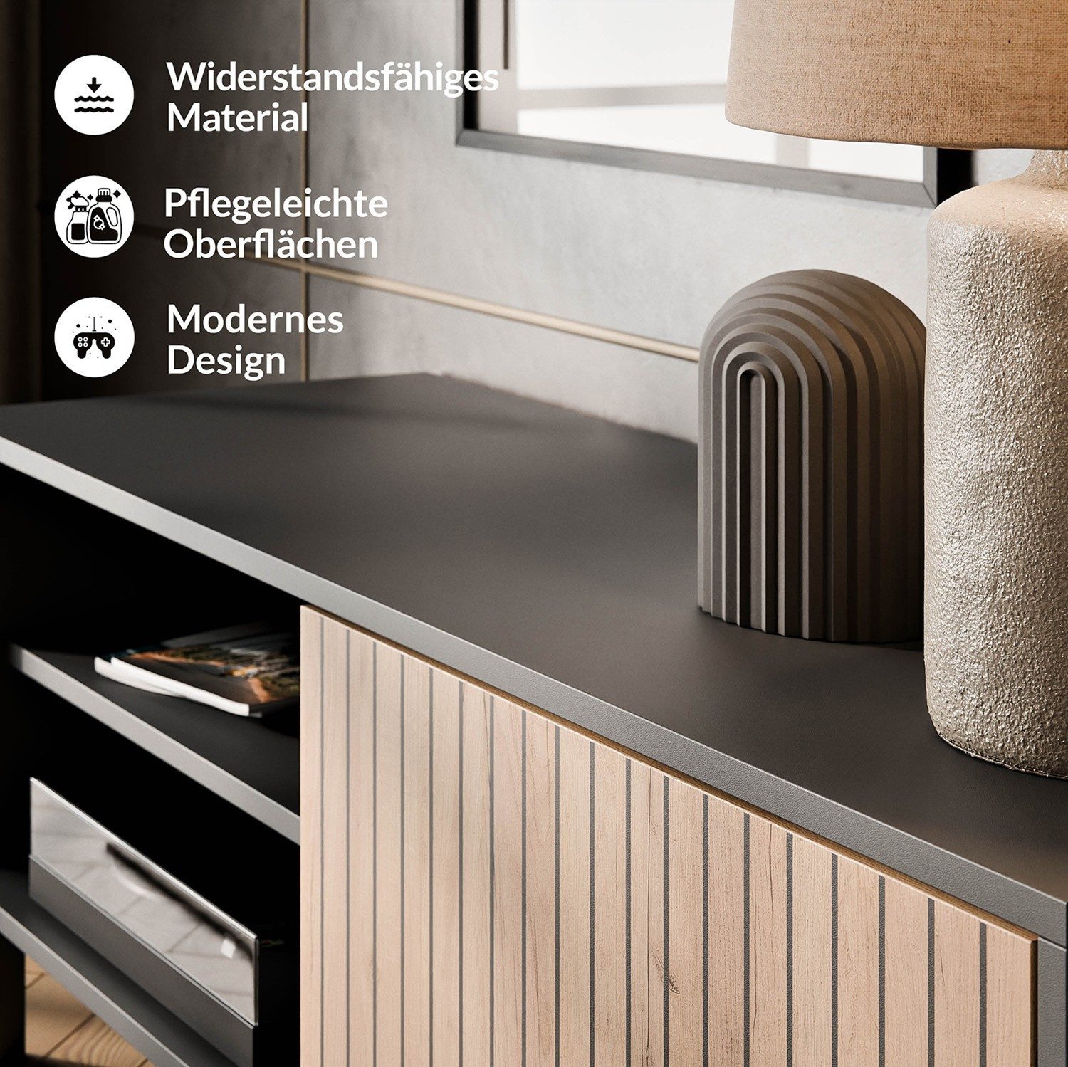 Planetmöbel TV-Schrank Liora TV Board, Lowboard 120 cm lang, TV Kommode (für Fernseher bis 50 Zoll, 1-St., Fernsehtisch für Wohnzimmer, viel Stauraum) Fernsehsc – Bild 4 von 5