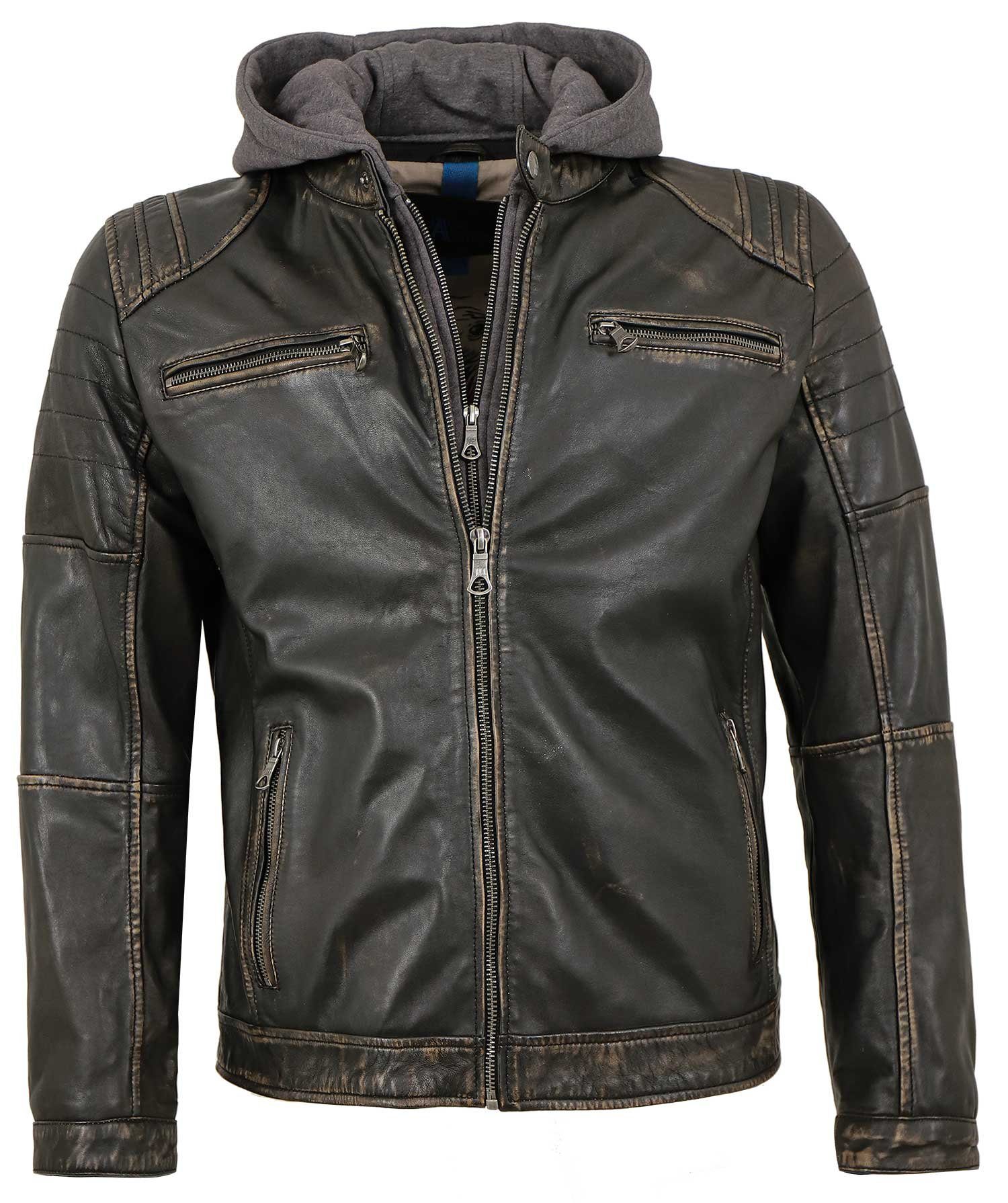 Lederjacken24 Lederjacke Herren Lederjacke Lammnappa Bikerjacke Kapuze schwarz-beige