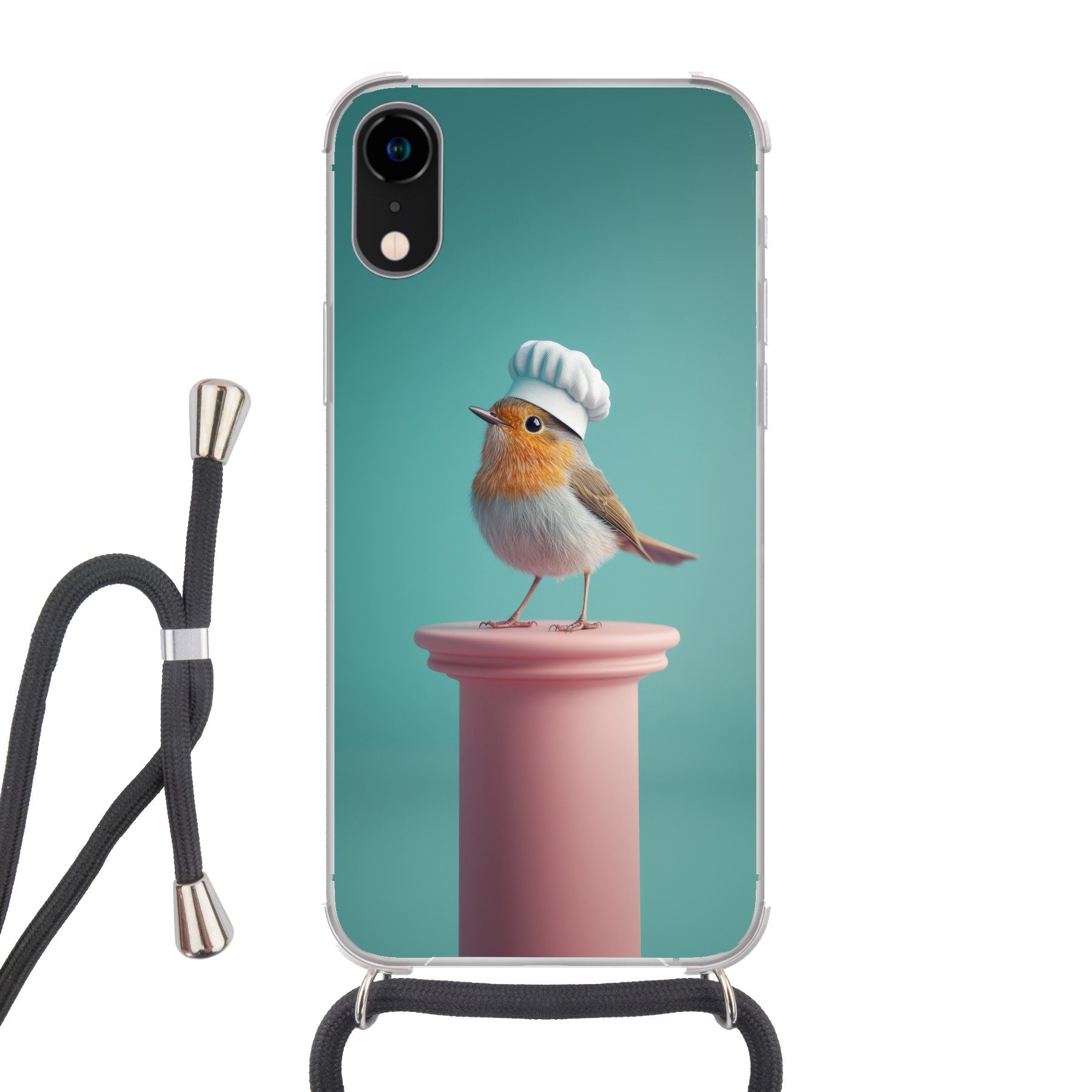 MuchoWow Handyhülle für Apple iPhone XR Rotkehlchen - Vogel - Kochmütze - Sockel, Tragbare Handyhüllen mit Kette zum umhängen, Handykette Handyband