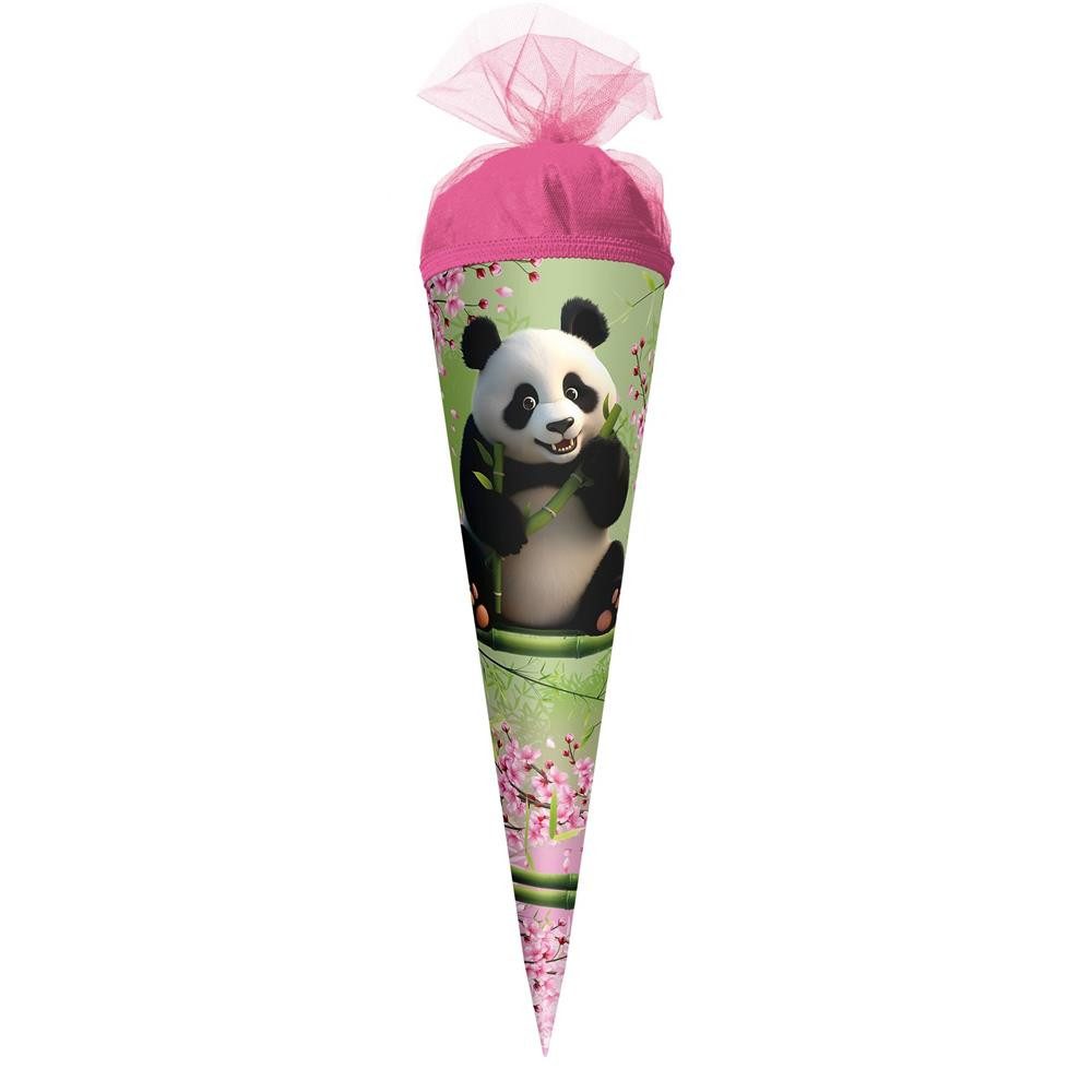 Roth Schultüte Geschwister 50 cm Panda rund Tüllverschluss rosa, Pandamotiv, Geschwisterformat, Tüllschleife, runde Form, Schulstart