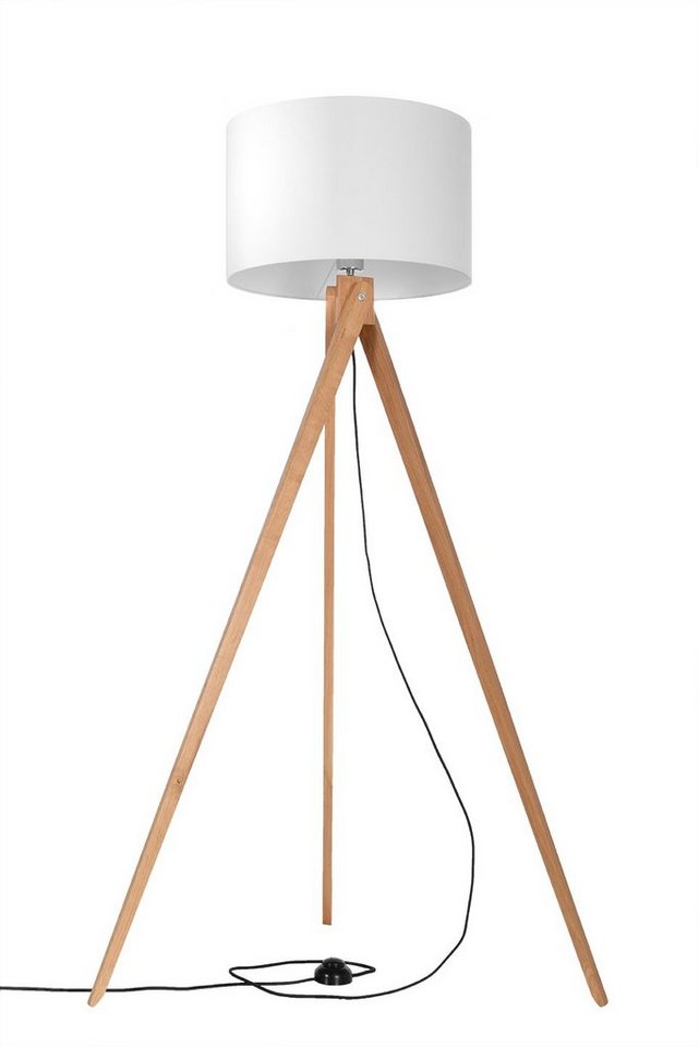 Licht-Erlebnisse Stehlampe GEGANIA, ohne Leuchtmittel, Stehleuchte Dreibein  H:140 cm Holz Stoff Weiß Leselampe Wohnzimmer