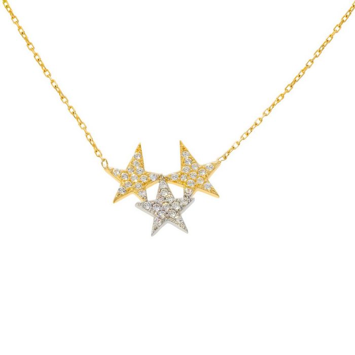 Stella-Jewellery Collier 585 Gelbgold Collierkette 3 Sterne Anhänger Zirk. (inkl. Etui) 585 Gelbgold 7 Plättchen