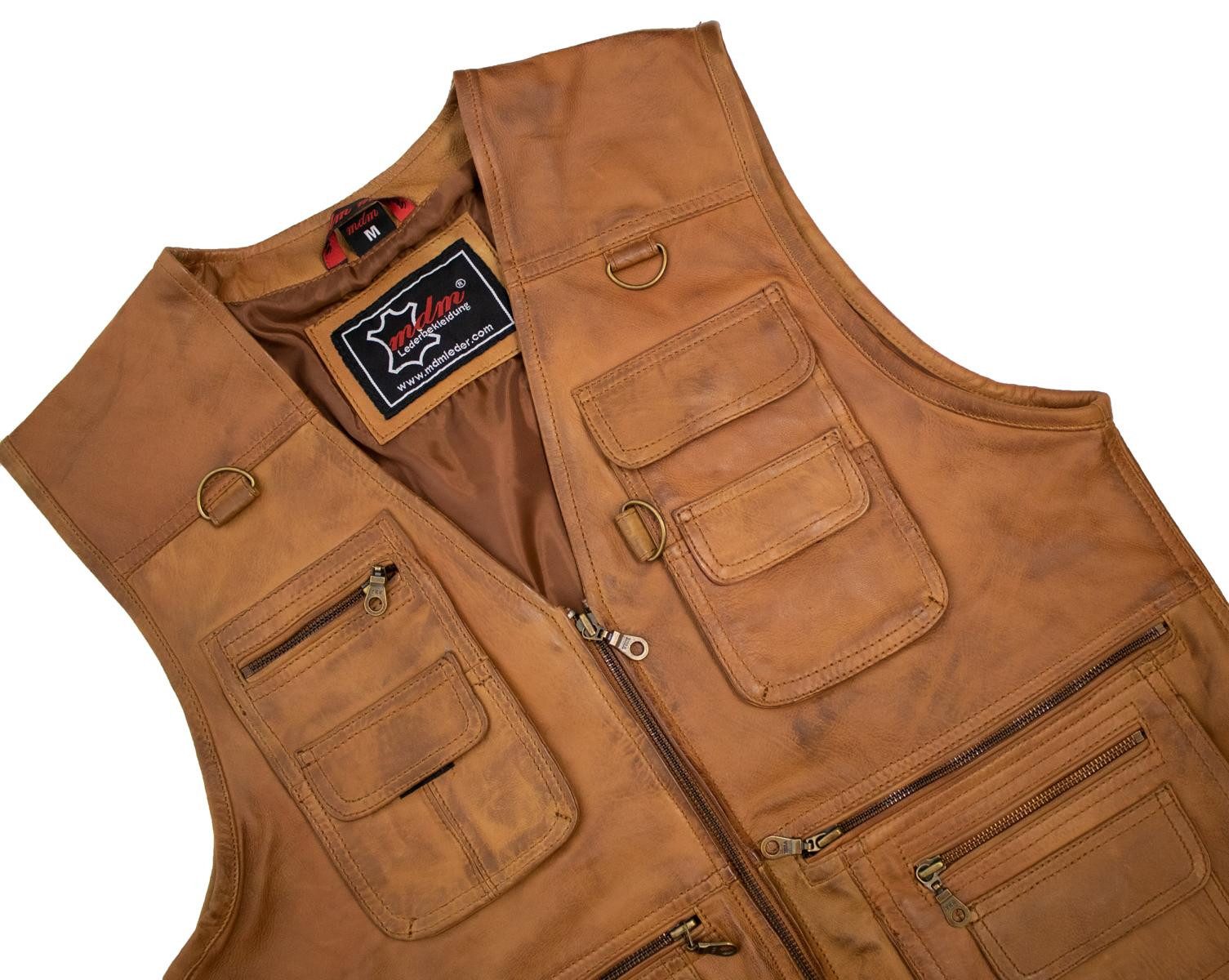 MDM Lederweste HerrenOutdoor Jagd Lederweste Freizeit Lamm Leder Echtleder in Braun