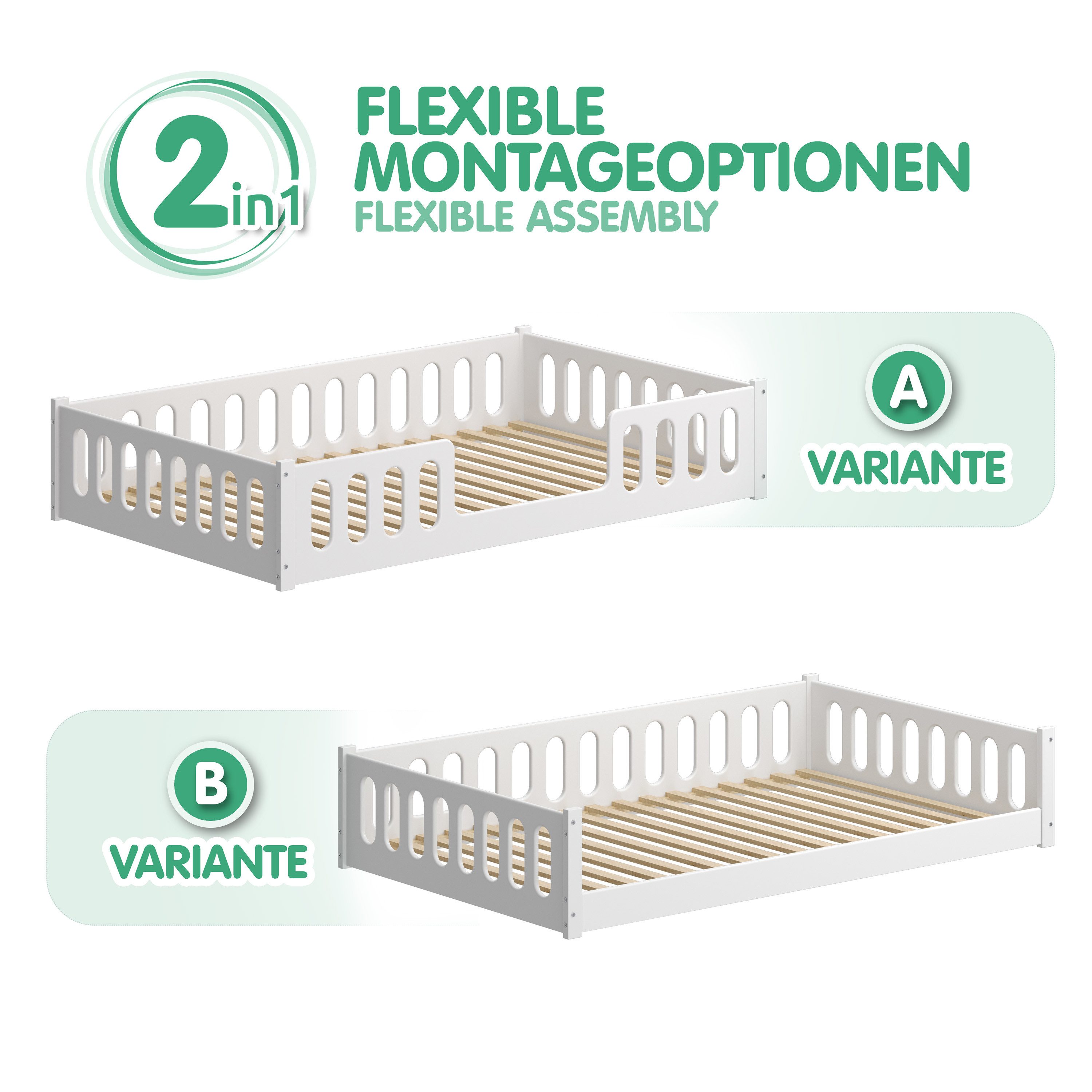CADANI Kinderbett MONTE Bodenbett mit abnehmbaren Rausfallschutz - bis 200 kg belastbar (120x200 cm, Weiß, 2in1 Montessori Kinder- und Jugendbett), 2 Aufbauvarianten, barrierefrei umbaubar, Roll-Lattenrost, Made in EU