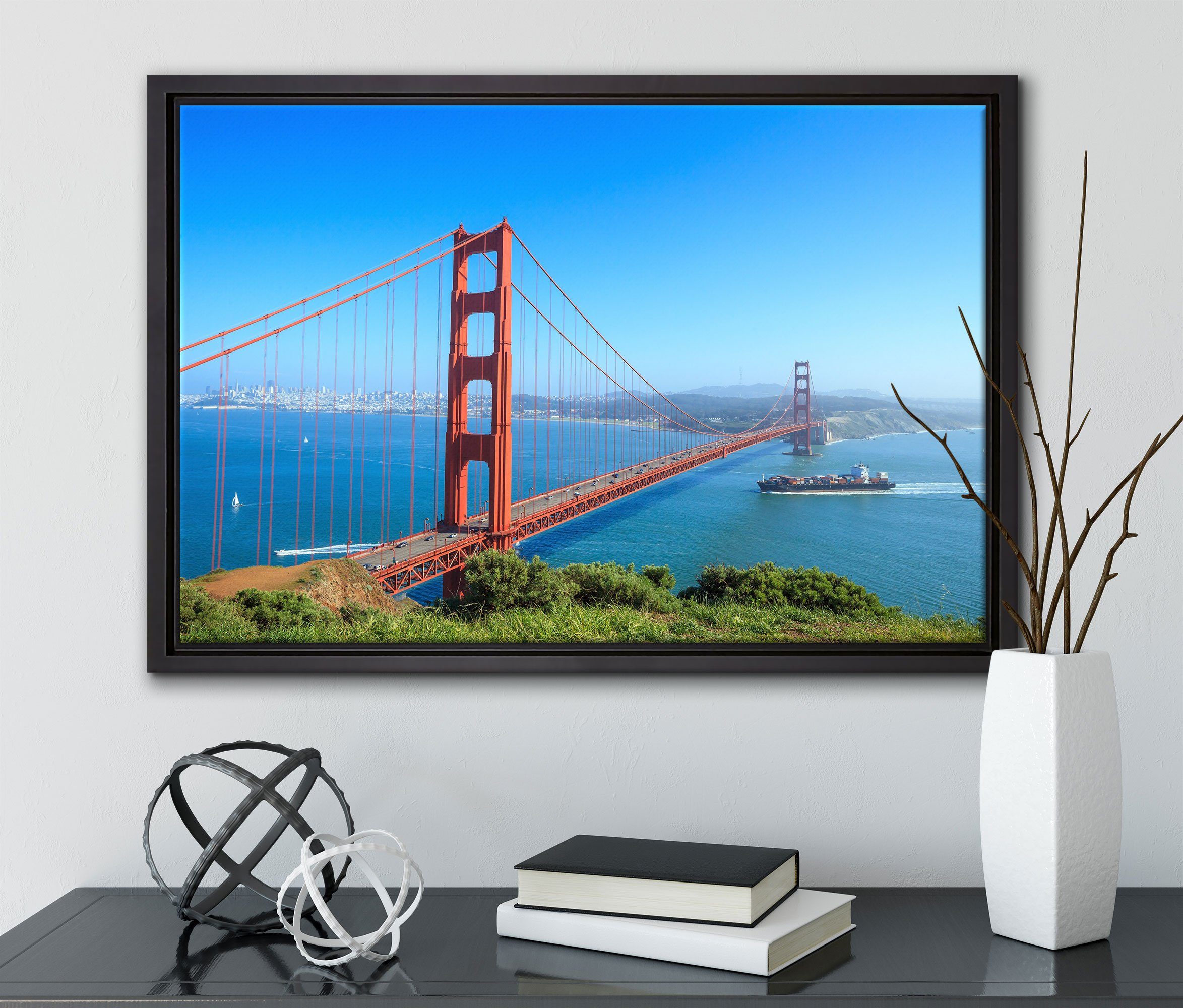 Pixxprint Leinwandbild Golden Gate bespannt, St), Schattenfugen-Bilderrahmen (1 Leinwandbild in Zackenaufhänger einem Wanddekoration inkl. Bridge, fertig gefasst