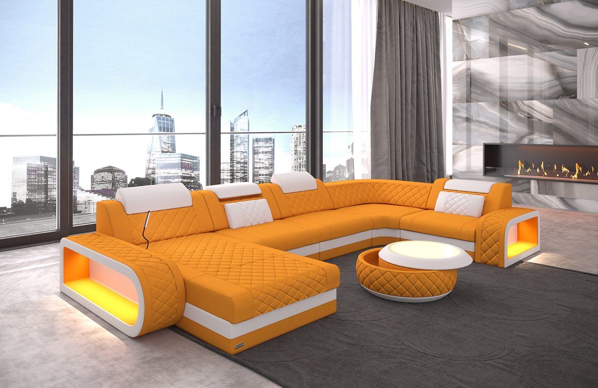 mit LED, Wohnlandschaft wahlweise Polster Dreams Sofa Schlafsofa, C87 Bettfunktion Stoffsofa, mit Sofa Stoff Form U Berlin Designersofa Apricot-Weiss Couch als