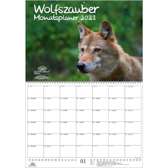 Seelenzauber Wandkalender Wolfszauber Planer DIN A2 aufgeklappt - Kalender für 2023 Wolf und