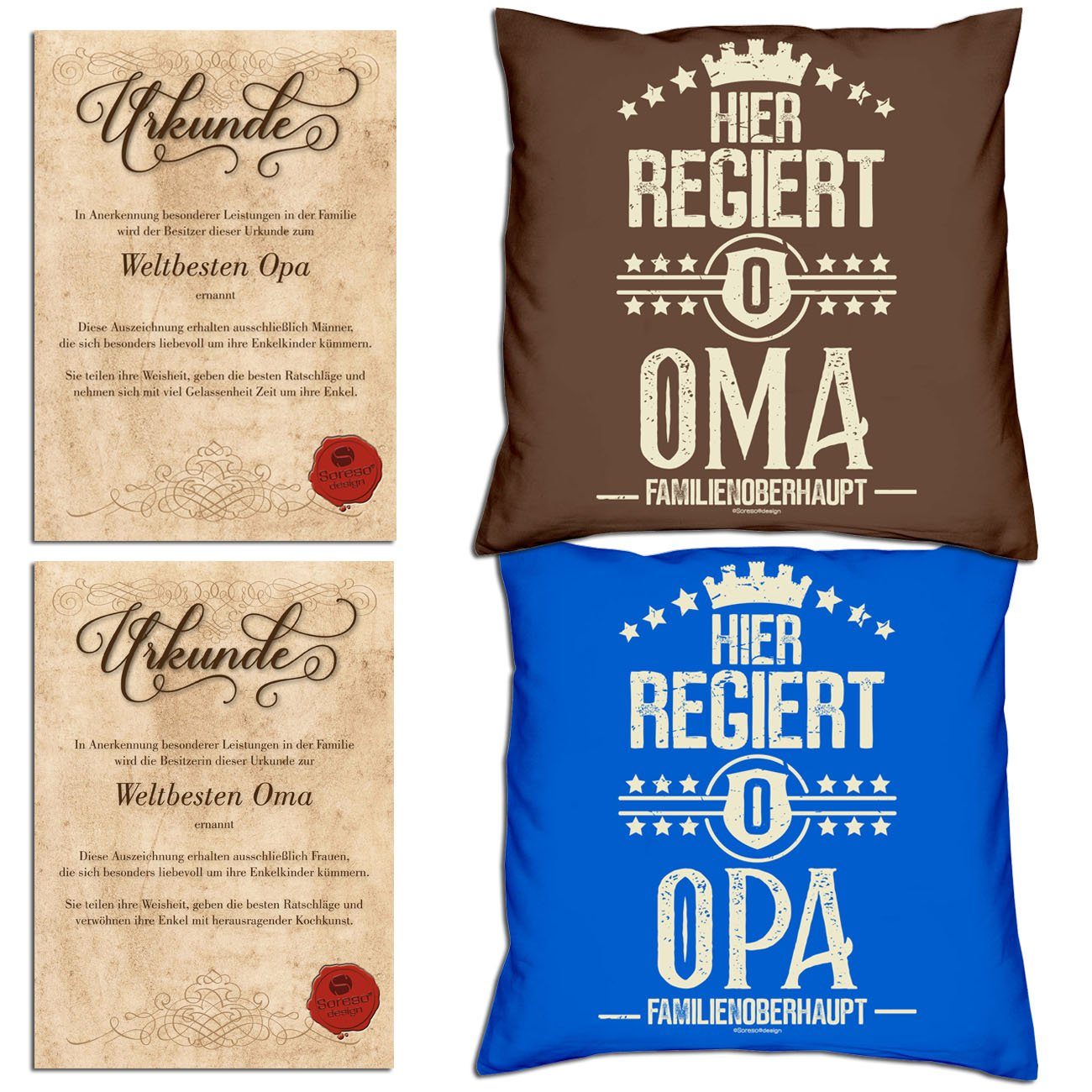 Hier mit Urkunden, braun Kissen-Set Opa Hier Dekokissen Soreso® für Großeltern Oma regiert Weihnachtsgeschenk regiert