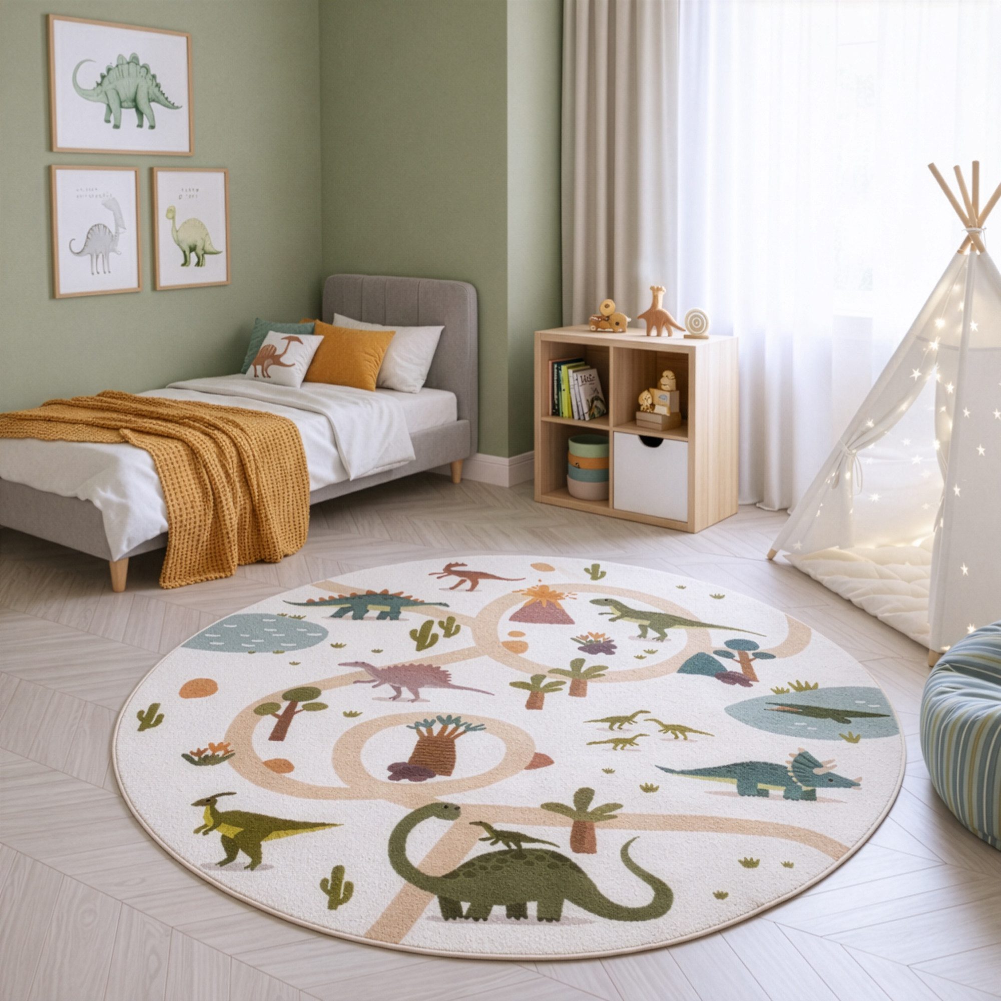 Ayyildiz Teppiche Kinderteppich COCO 1131, auch in rund erhältlich, rund, Höhe: 8 mm, Waschbar bei 30 °C, rutschhemmend, OEKO-TEX® zertifiziert, Dinosaurier