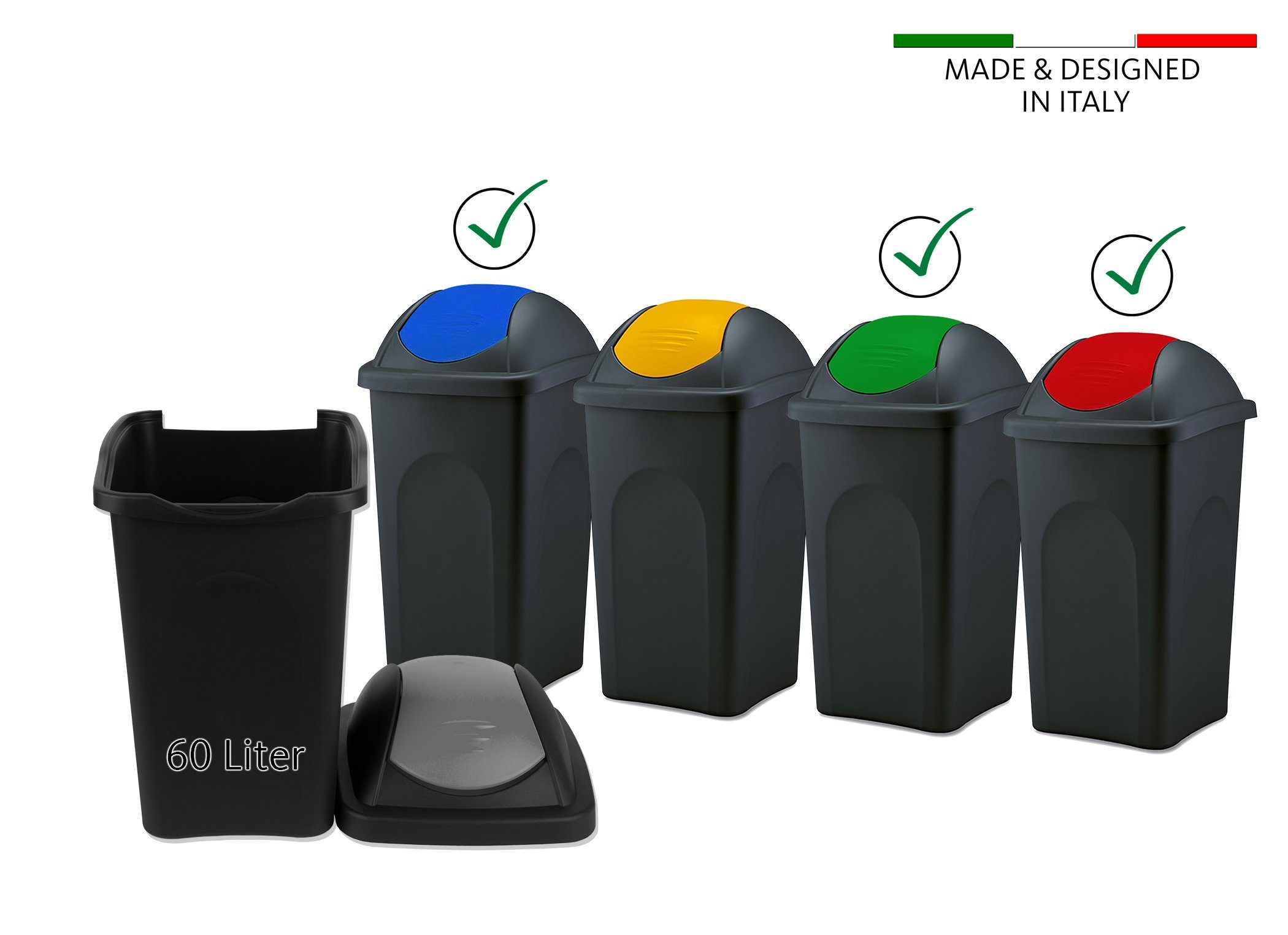 BigDean Mülleimer 3x 60L schwarz Schwingdeckel blau rot grün Abfalleimer Mülltonne, 60L Fassungvermögen, Schwingdeckel, Robuste bauweise